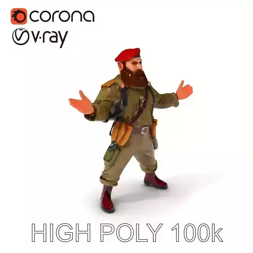 Bearded Soldier Character Model with Red Beret and Military Gear Low-poly 3D model