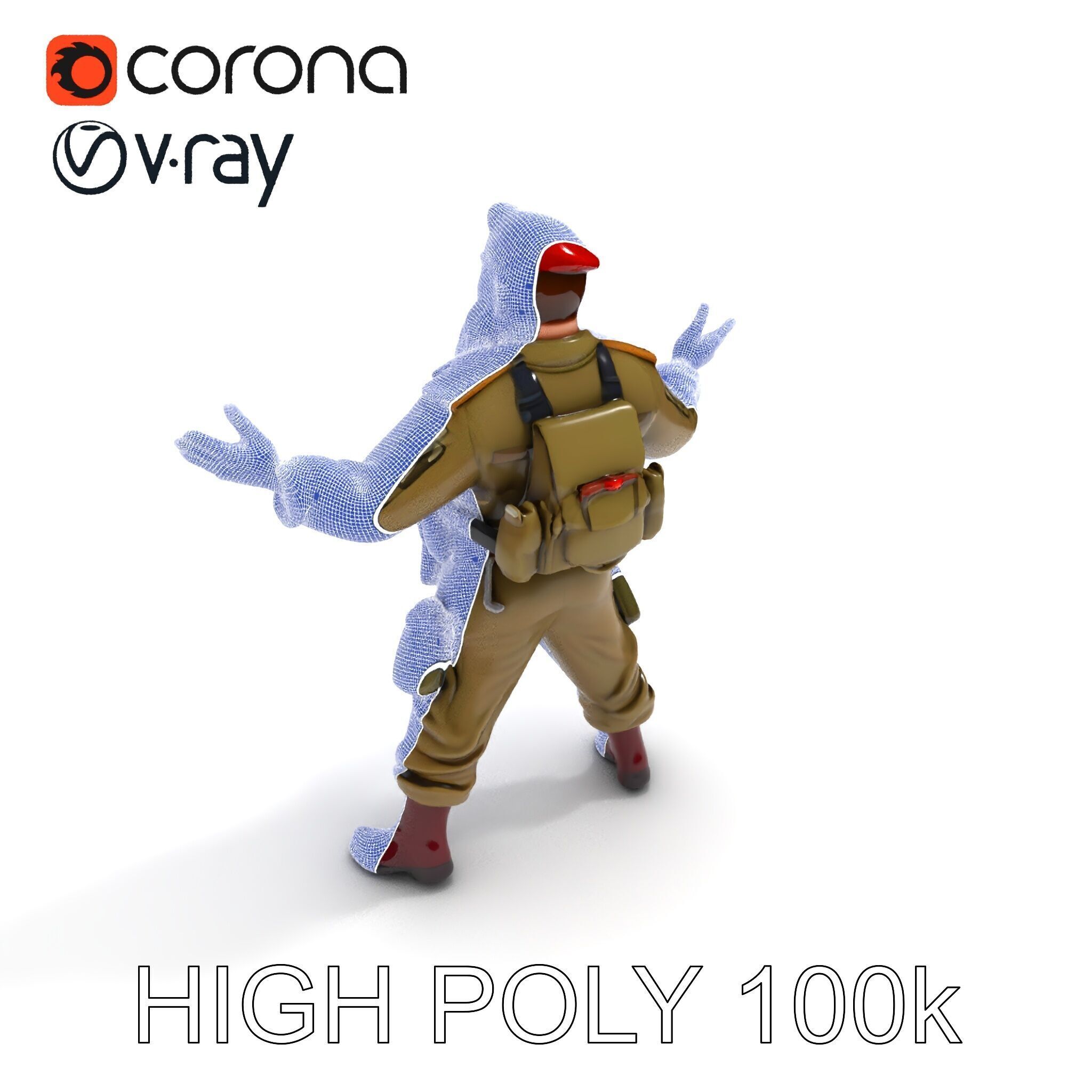 Bearded Soldier Character Model with Red Beret and Military Gear Low-poly 3D model_29