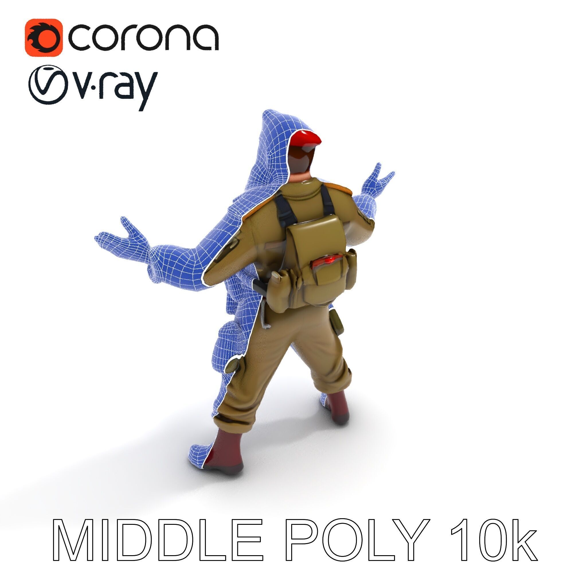 Bearded Soldier Character Model with Red Beret and Military Gear Low-poly 3D model_9