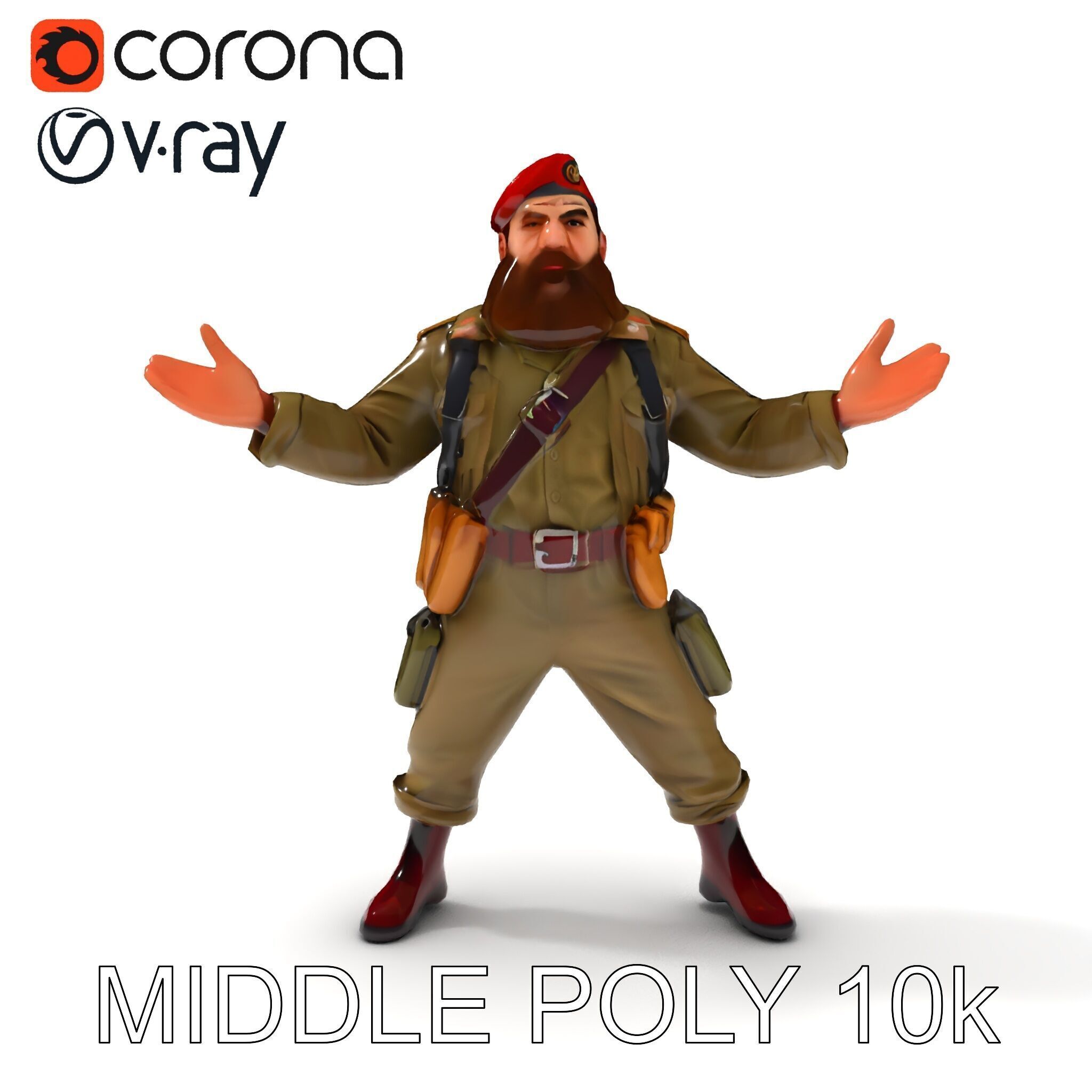 Bearded Soldier Character Model with Red Beret and Military Gear Low-poly 3D model_19