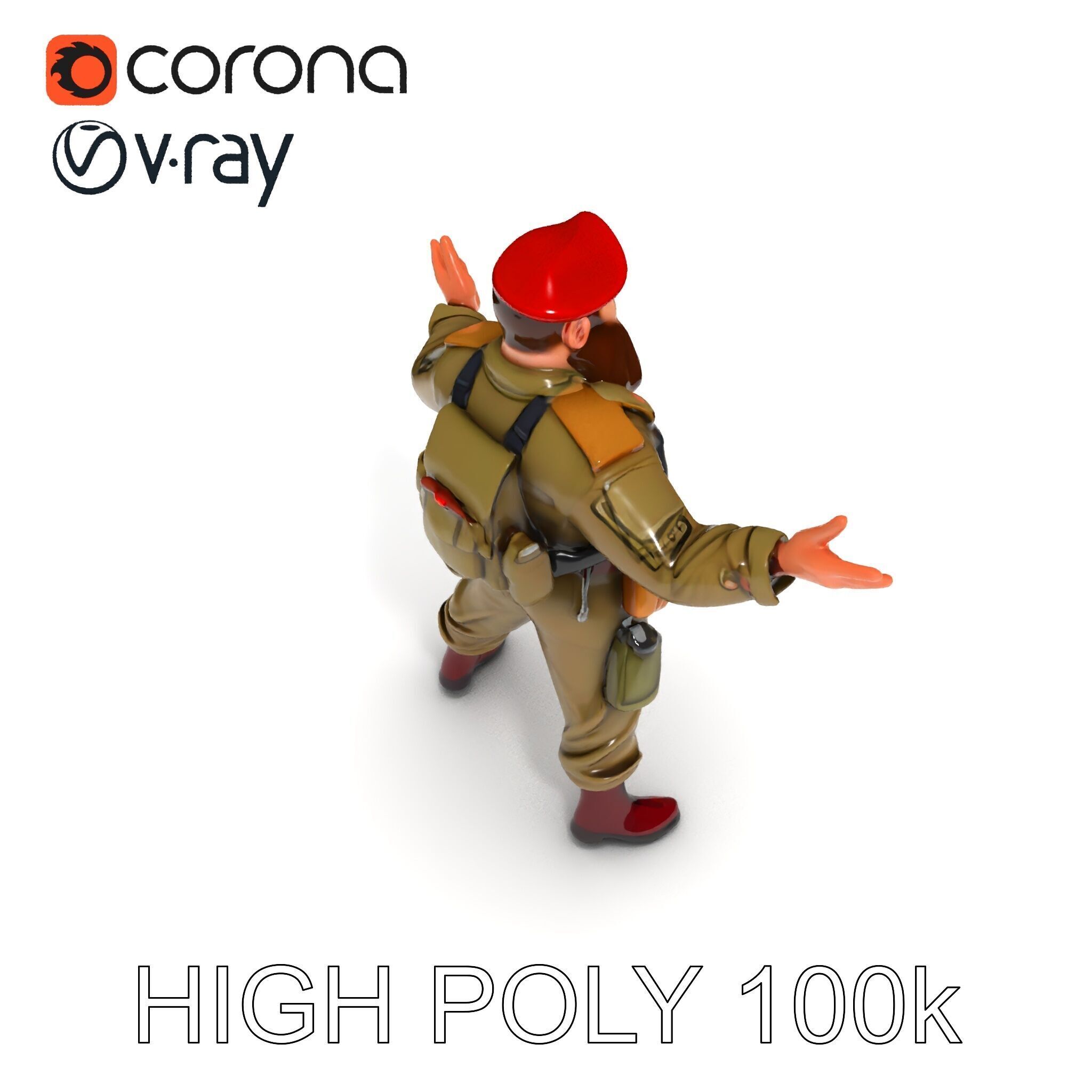 Bearded Soldier Character Model with Red Beret and Military Gear Low-poly 3D model_32