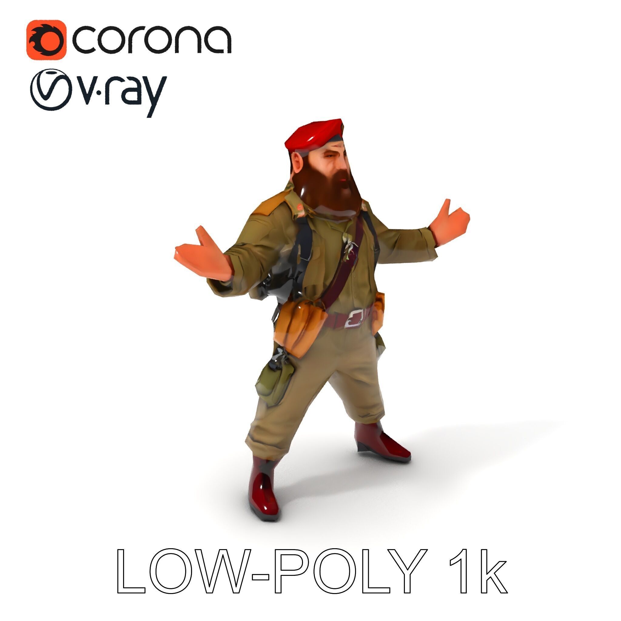 Bearded Soldier Character Model with Red Beret and Military Gear Low-poly 3D model_28