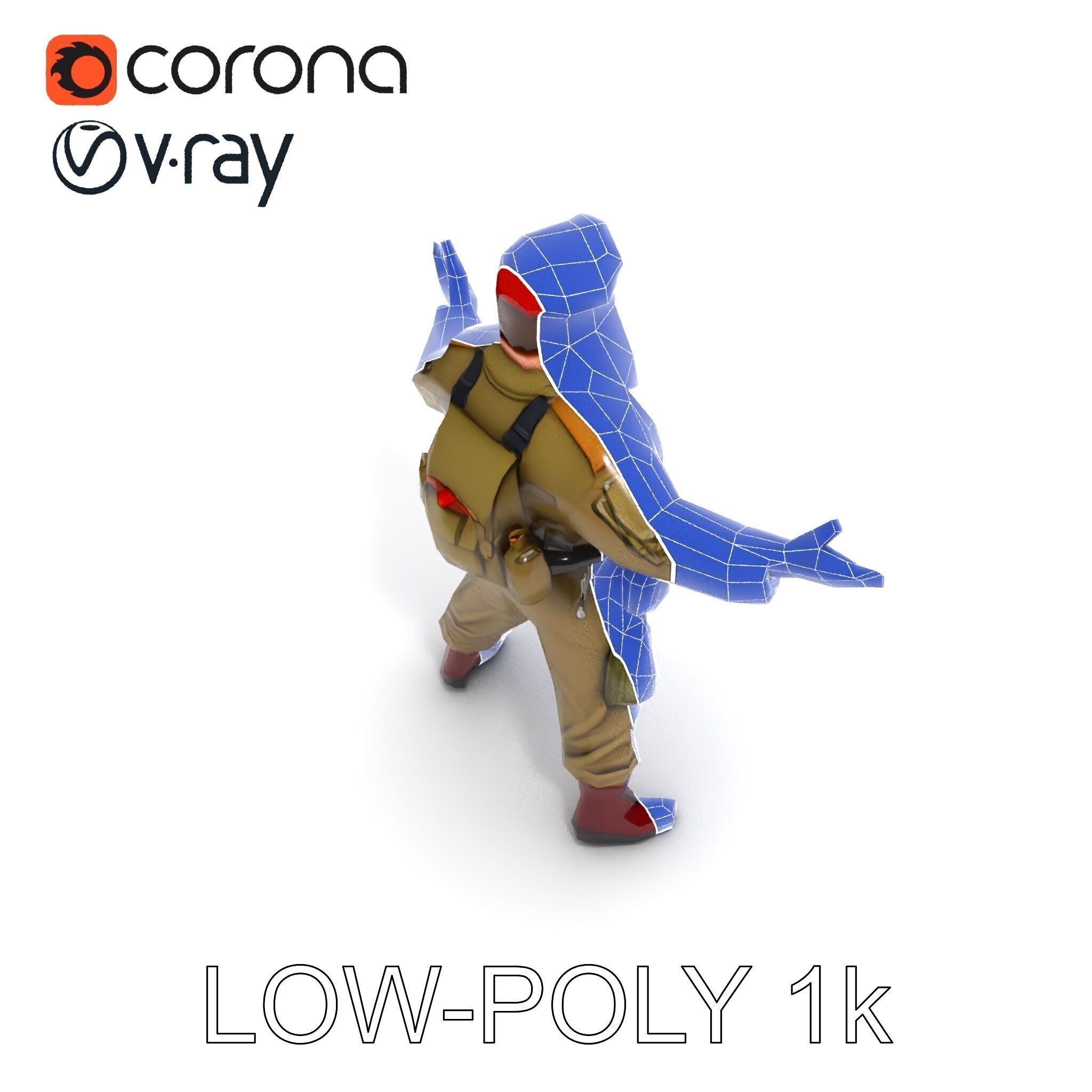 Bearded Soldier Character Model with Red Beret and Military Gear Low-poly 3D model_10