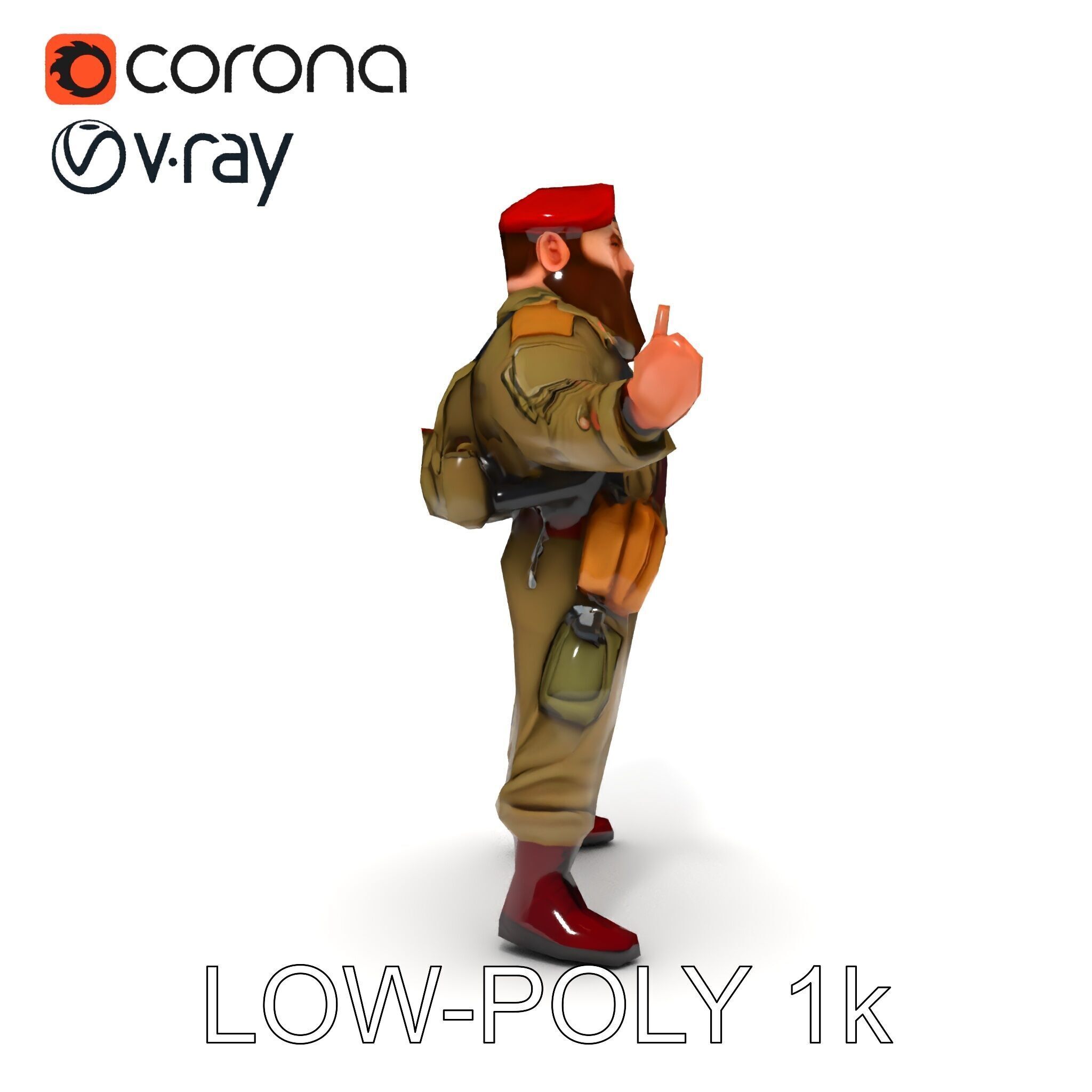 Bearded Soldier Character Model with Red Beret and Military Gear Low-poly 3D model_25