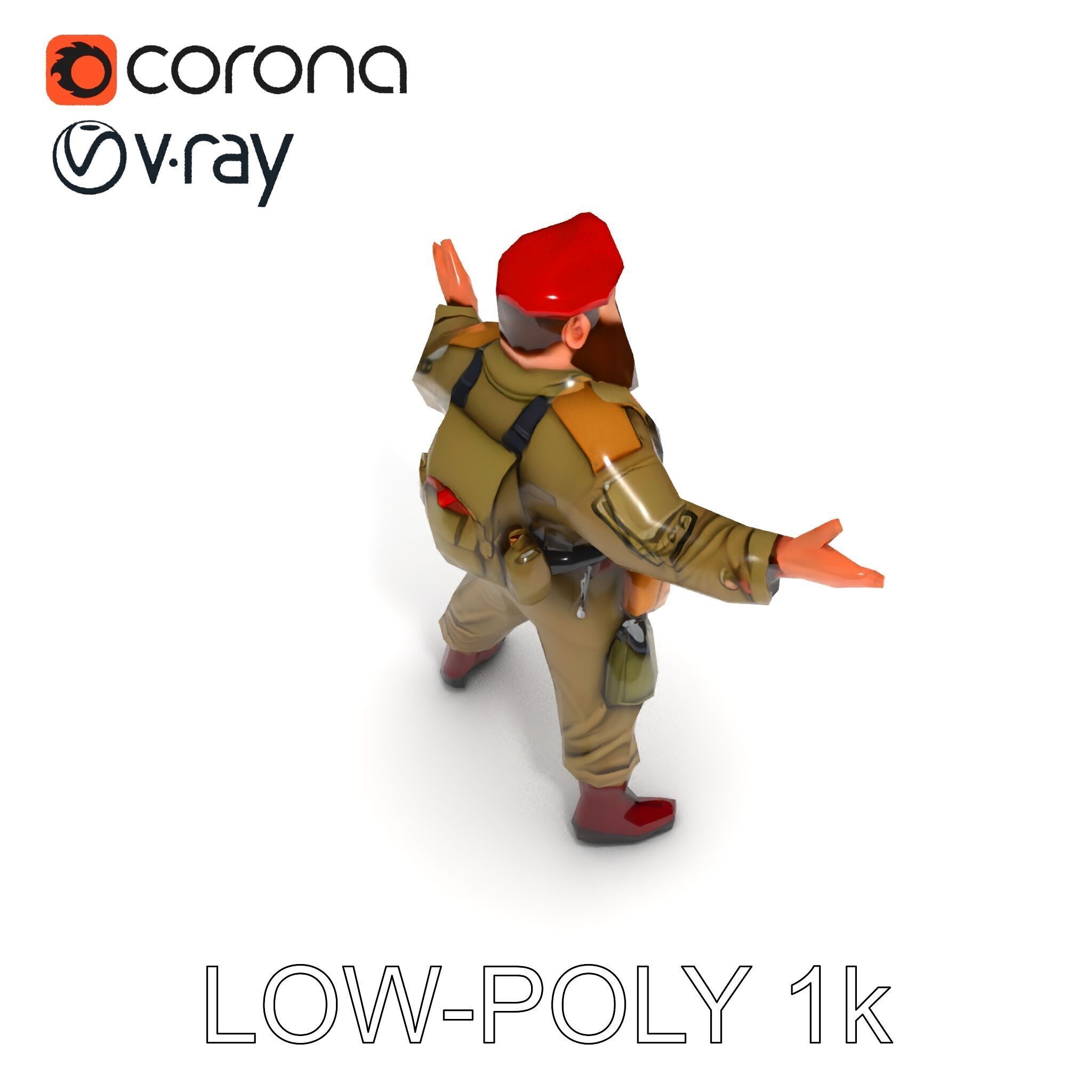 Bearded Soldier Character Model with Red Beret and Military Gear Low-poly 3D model_18