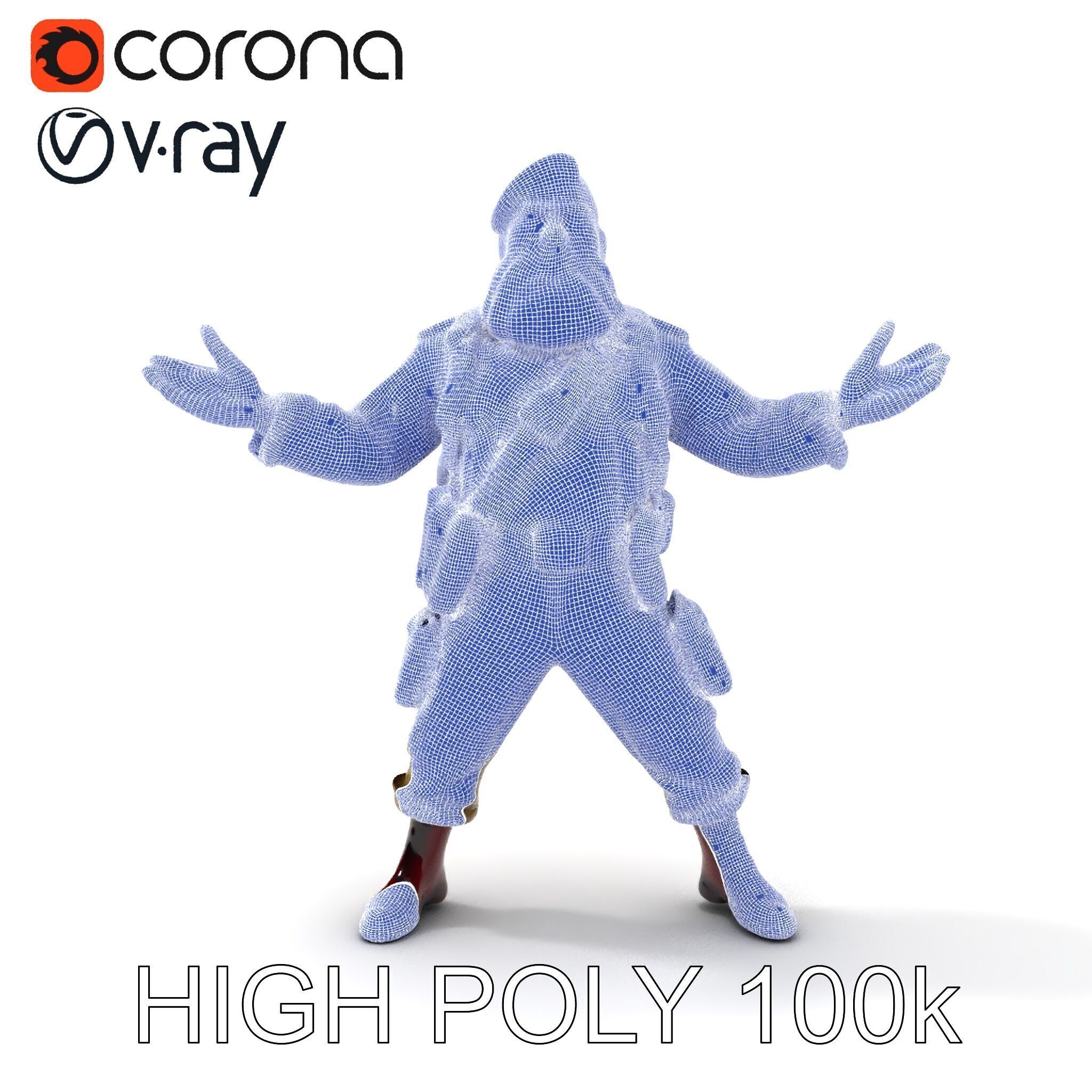 Bearded Soldier Character Model with Red Beret and Military Gear Low-poly 3D model_16