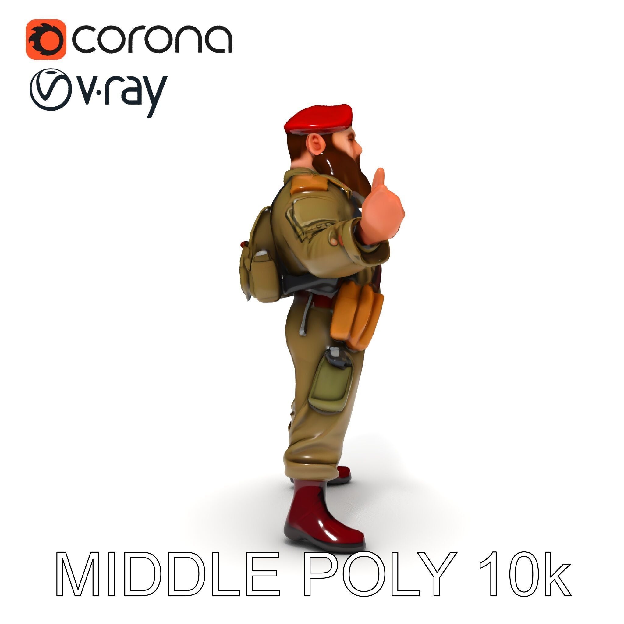 Bearded Soldier Character Model with Red Beret and Military Gear Low-poly 3D model_37