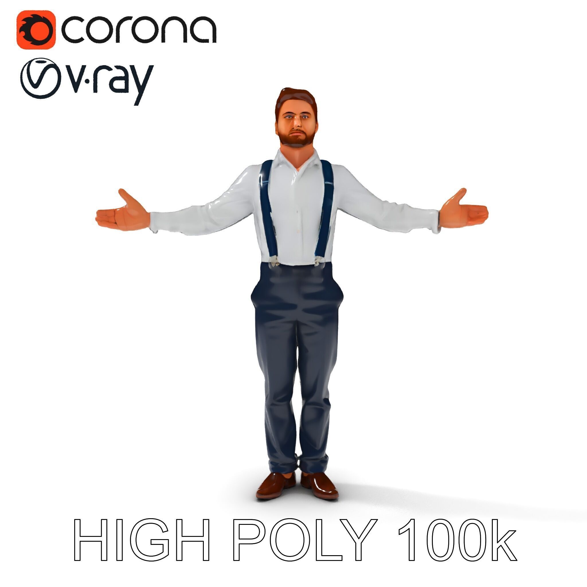 Businessman D Model with Suspenders and Dress Shoes Low-poly 3D model_34