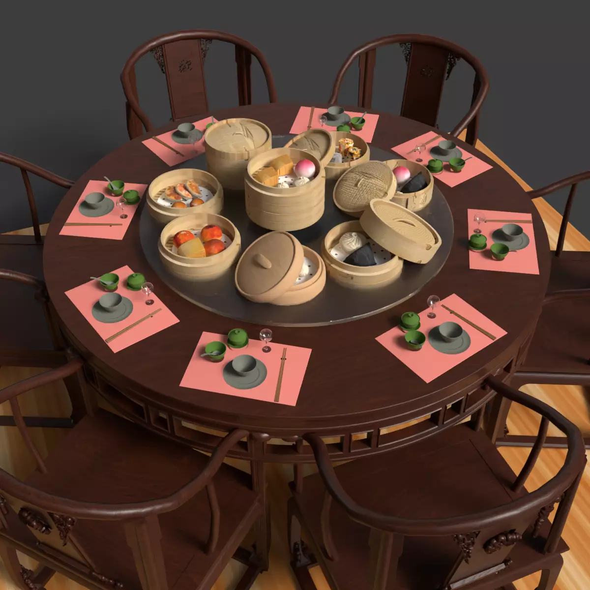  Chinese  dim-sum bamboo steamer table  3D model_0