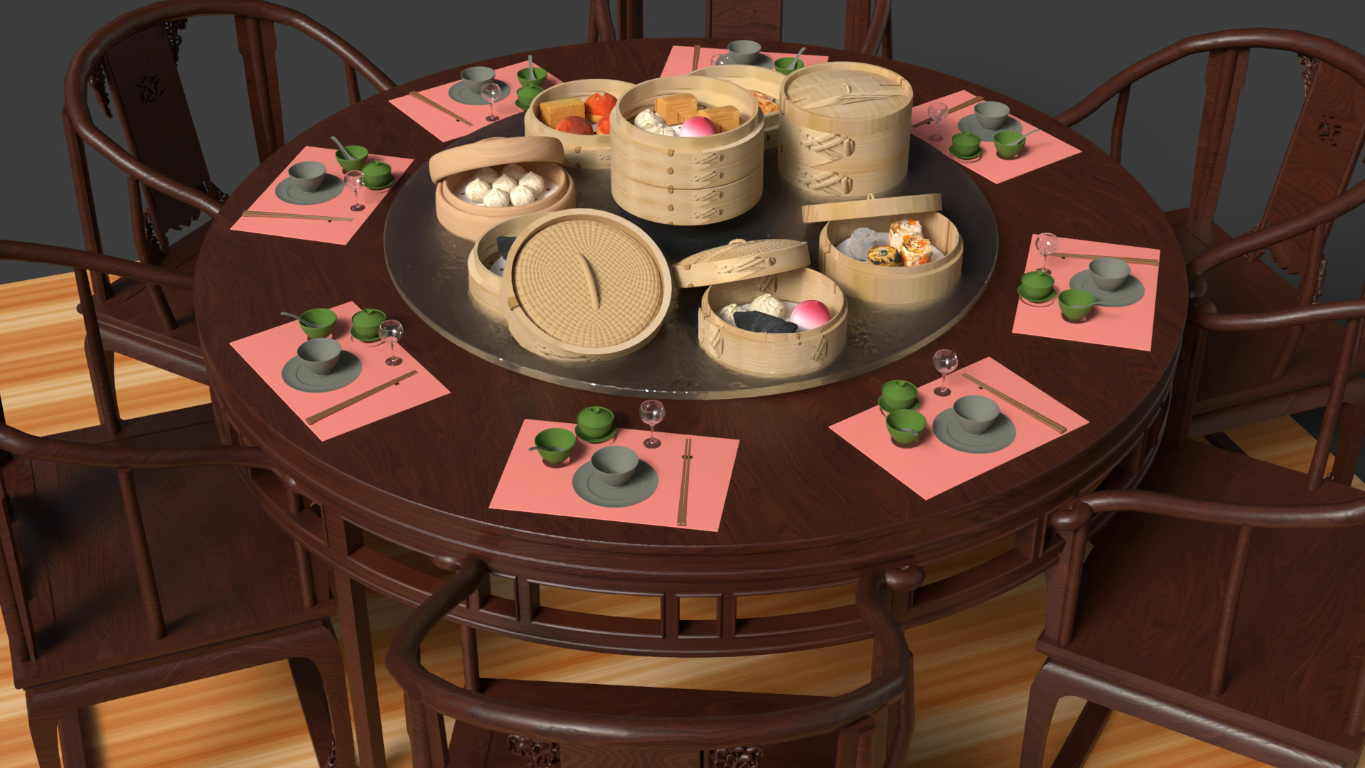  Chinese  dim-sum bamboo steamer table  3D model_11