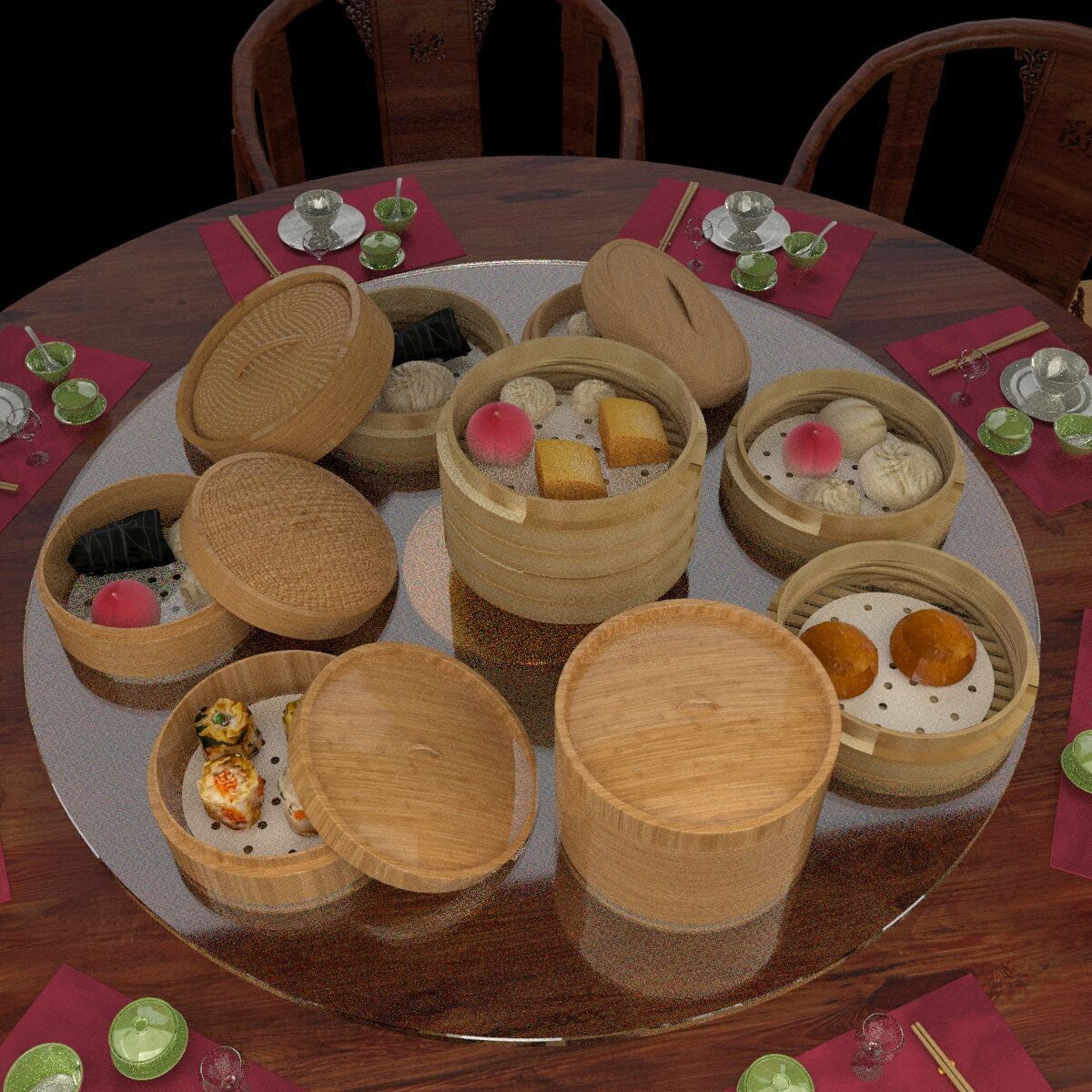  Chinese  dim-sum bamboo steamer table  3D model_12