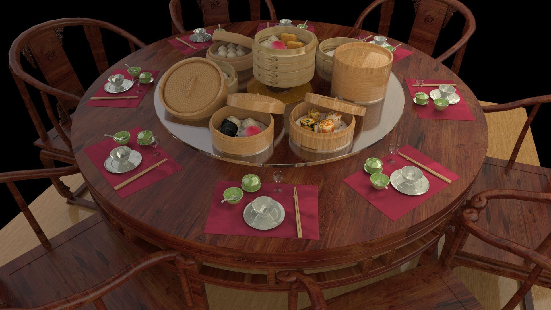  Chinese  dim-sum bamboo steamer table  3D model_7