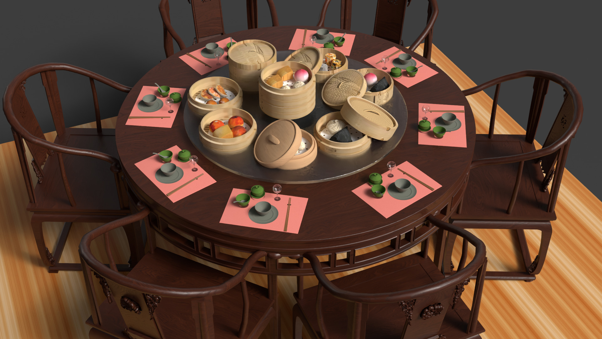  Chinese  dim-sum bamboo steamer table  3D model_6