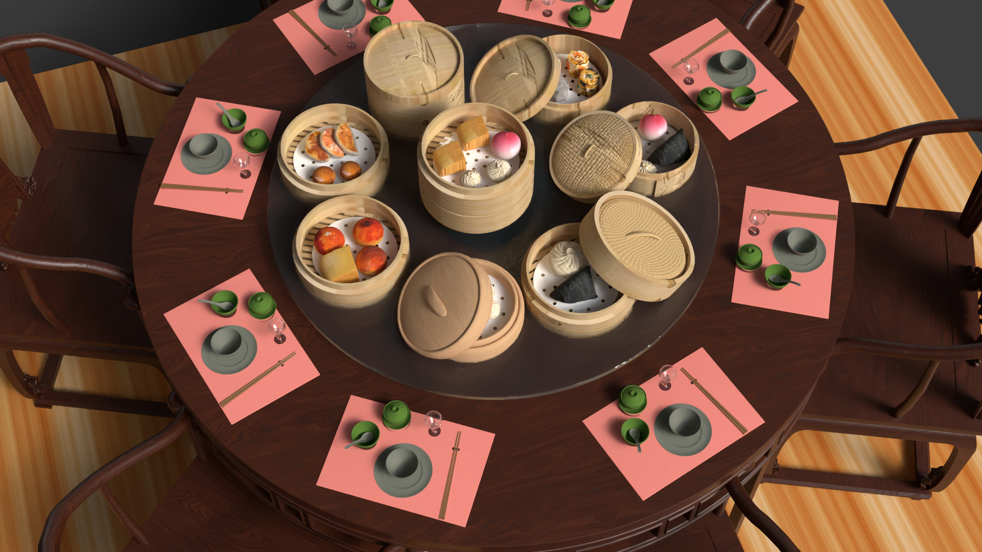  Chinese  dim-sum bamboo steamer table  3D model_2