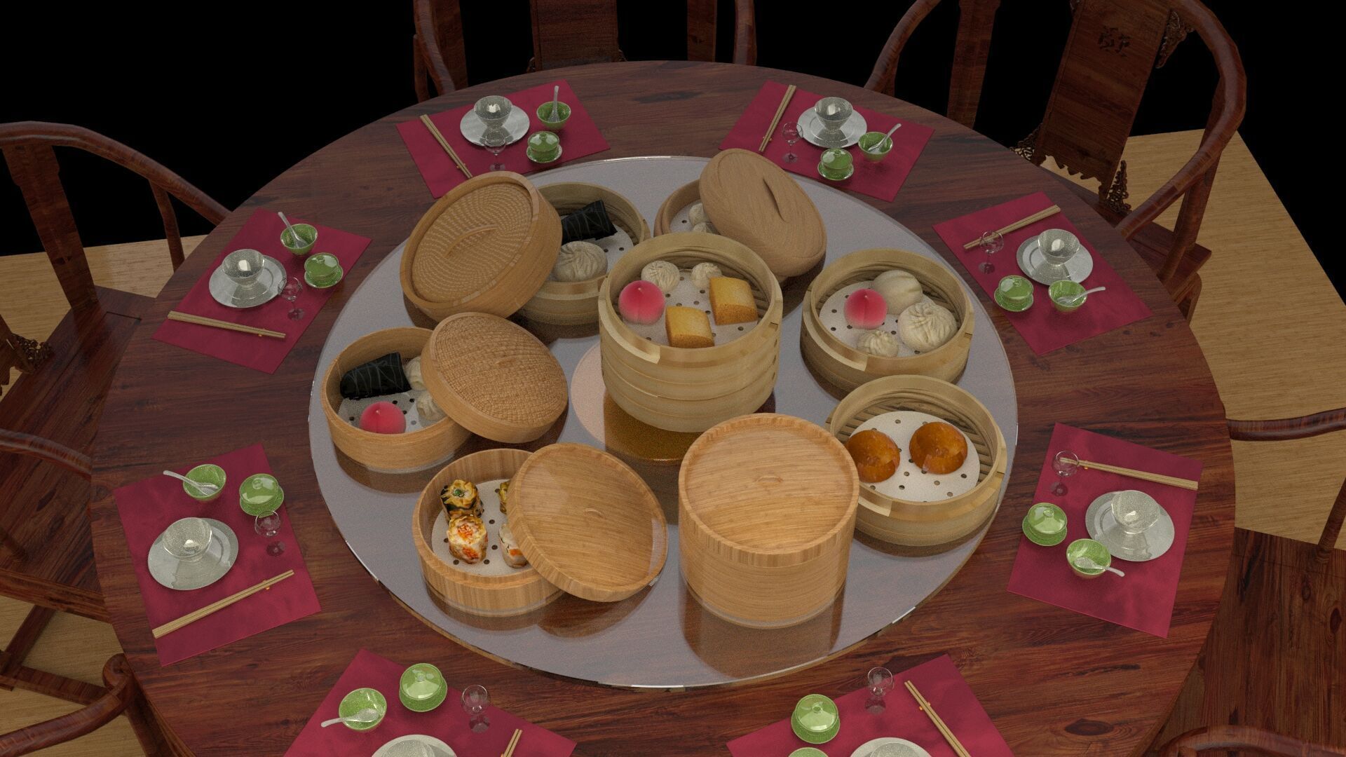  Chinese  dim-sum bamboo steamer table  3D model_4