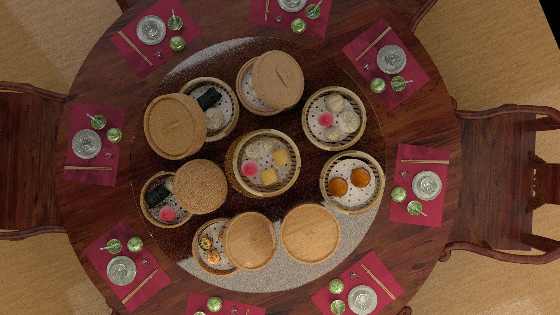  Chinese  dim-sum bamboo steamer table  3D model_9