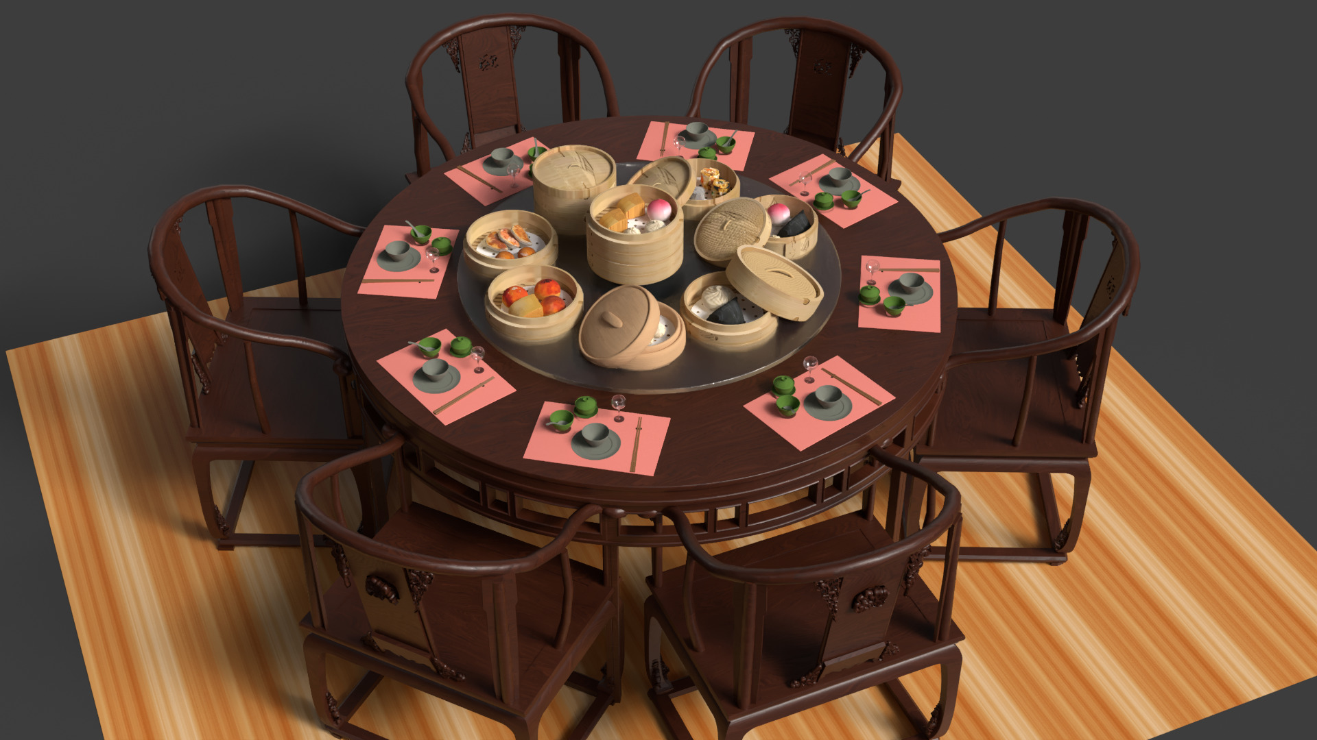  Chinese  dim-sum bamboo steamer table  3D model_3
