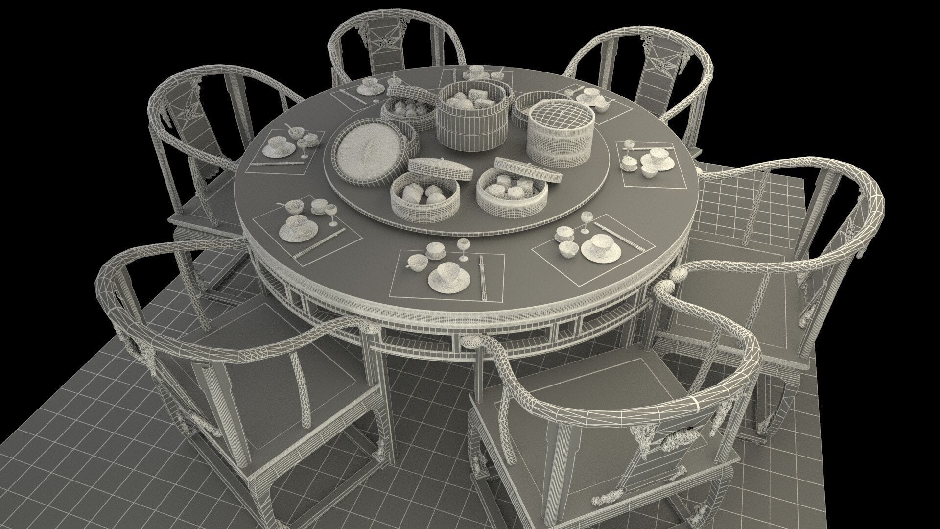  Chinese  dim-sum bamboo steamer table  3D model_8