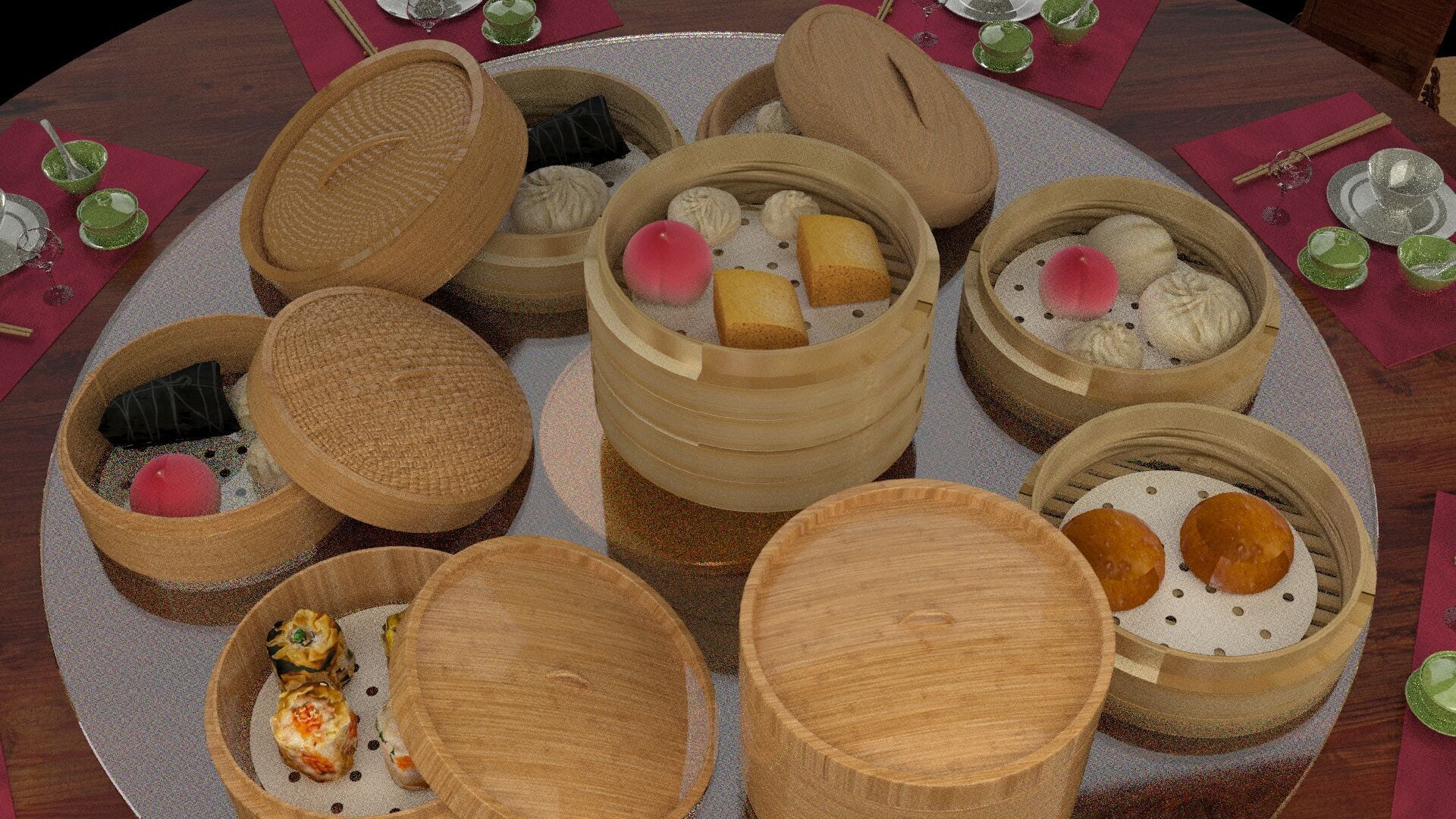  Chinese  dim-sum bamboo steamer table  3D model_10