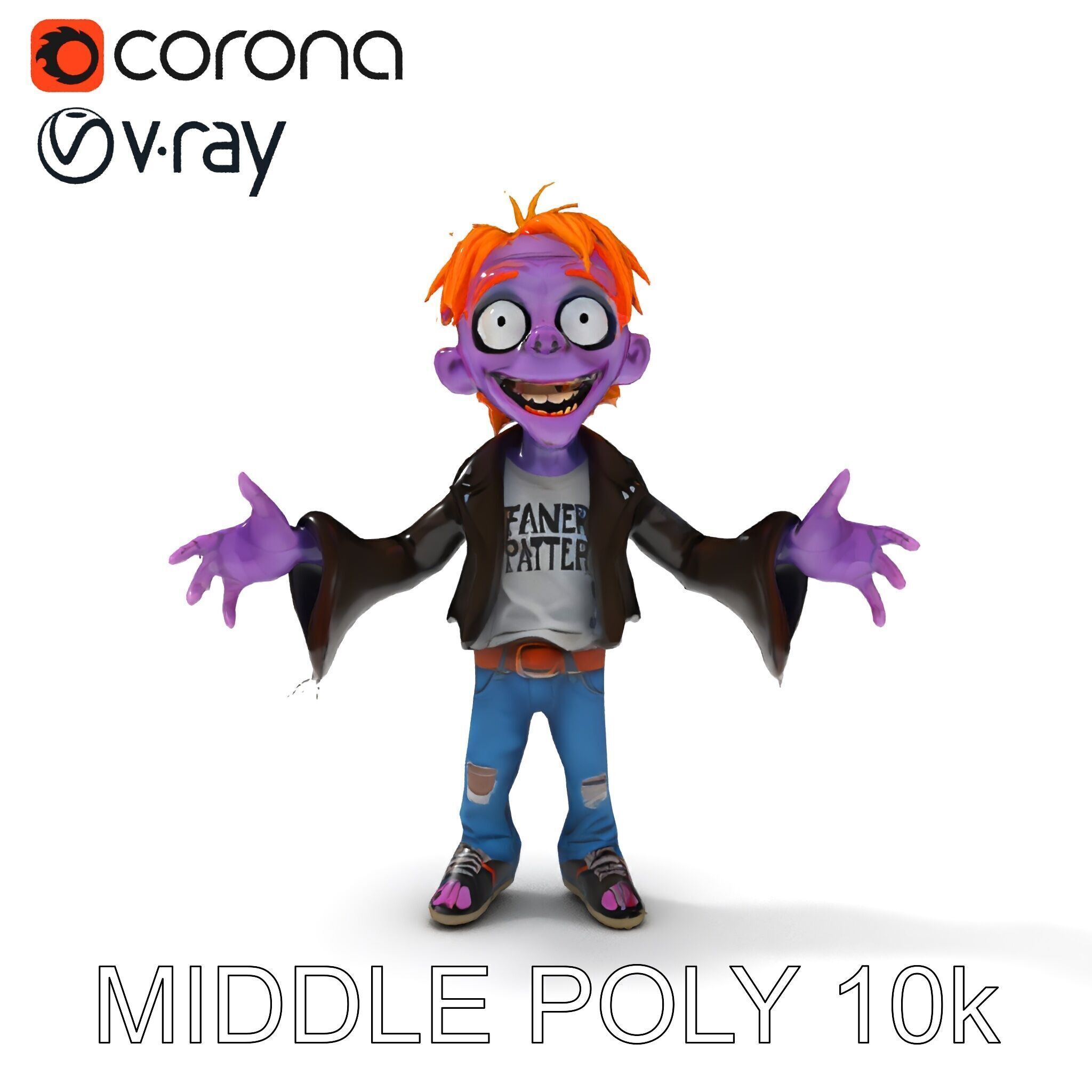 Animated Cartoon D Zombie Character with Purple Skin and Oran... Low-poly 3D model_27
