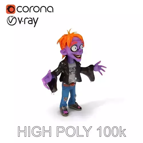 Animated Cartoon D Zombie Character with Purple Skin and Oran... Low-poly 3D model