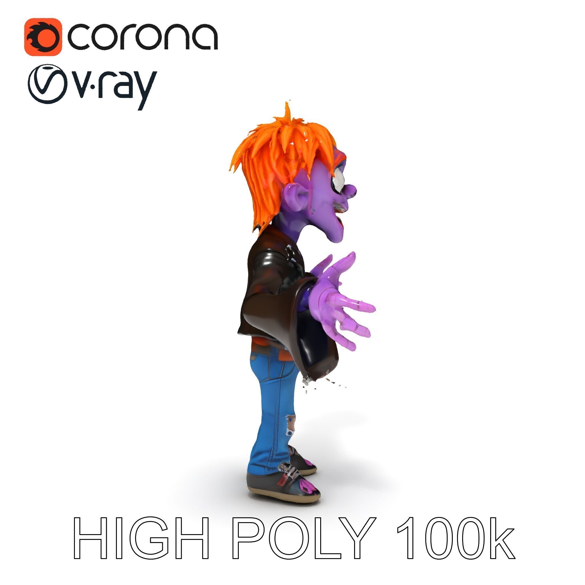 Animated Cartoon D Zombie Character with Purple Skin and Oran... Low-poly 3D model_31