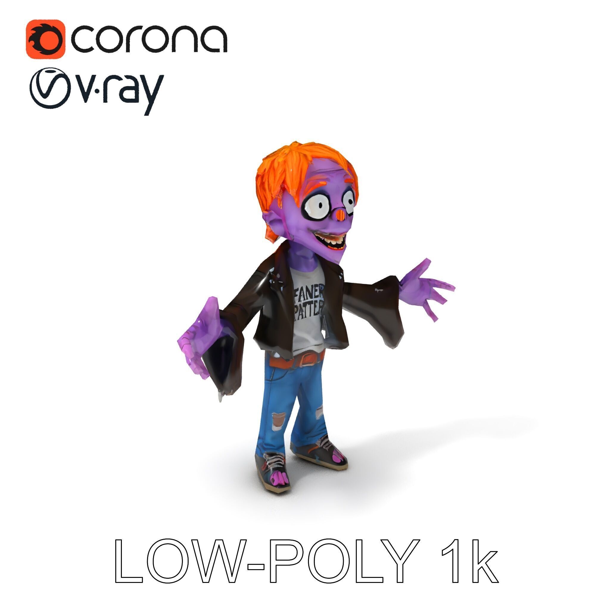Animated Cartoon D Zombie Character with Purple Skin and Oran... Low-poly 3D model_25