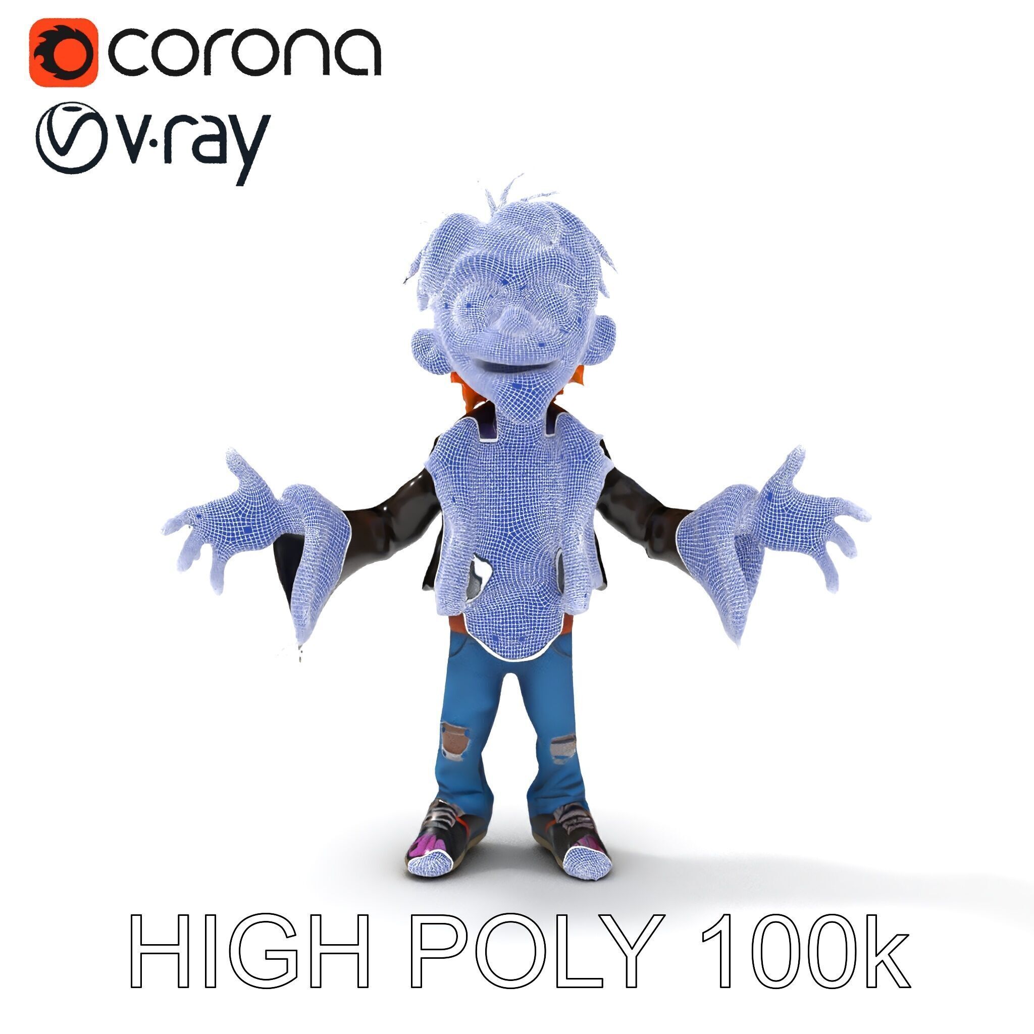 Animated Cartoon D Zombie Character with Purple Skin and Oran... Low-poly 3D model_26