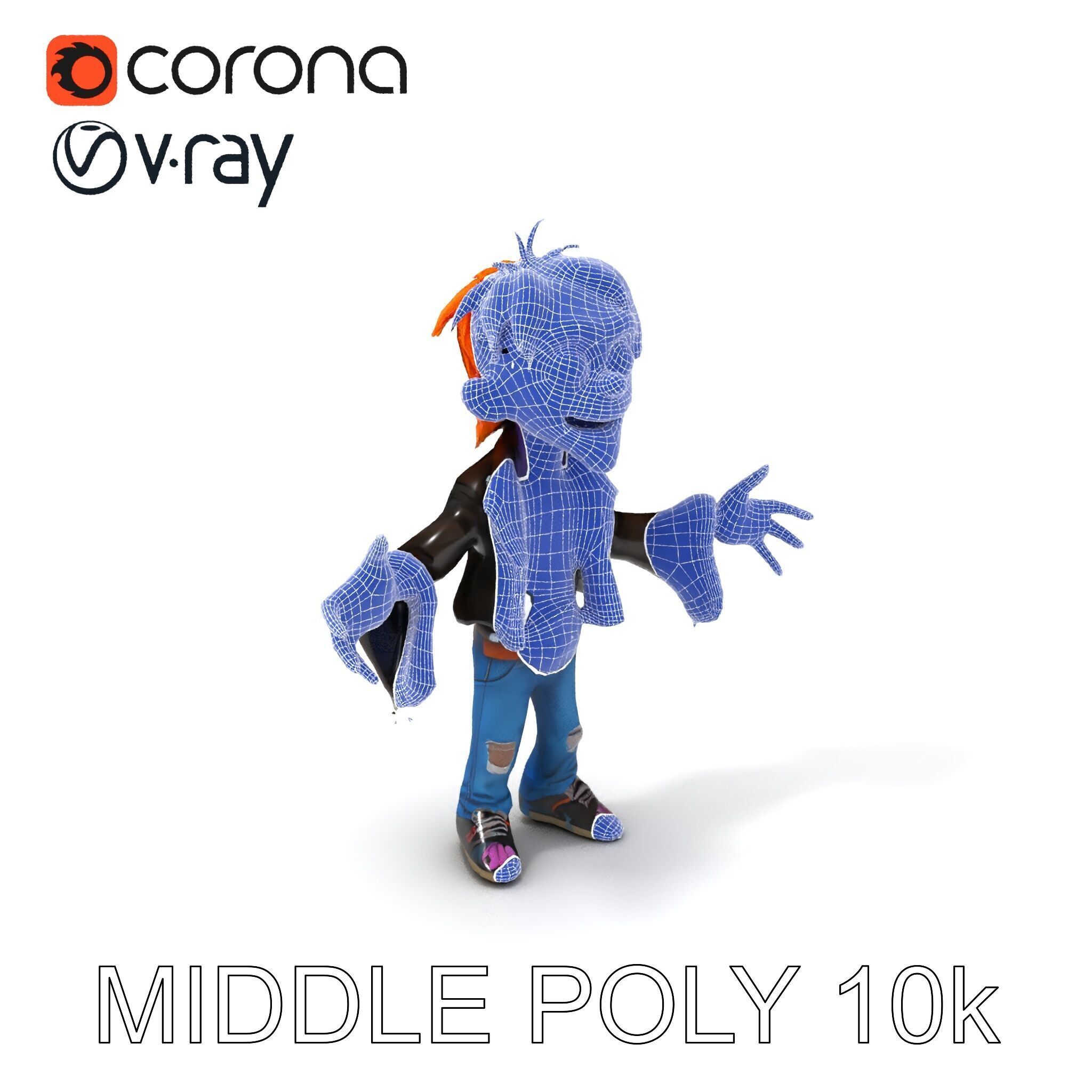 Animated Cartoon D Zombie Character with Purple Skin and Oran... Low-poly 3D model_24