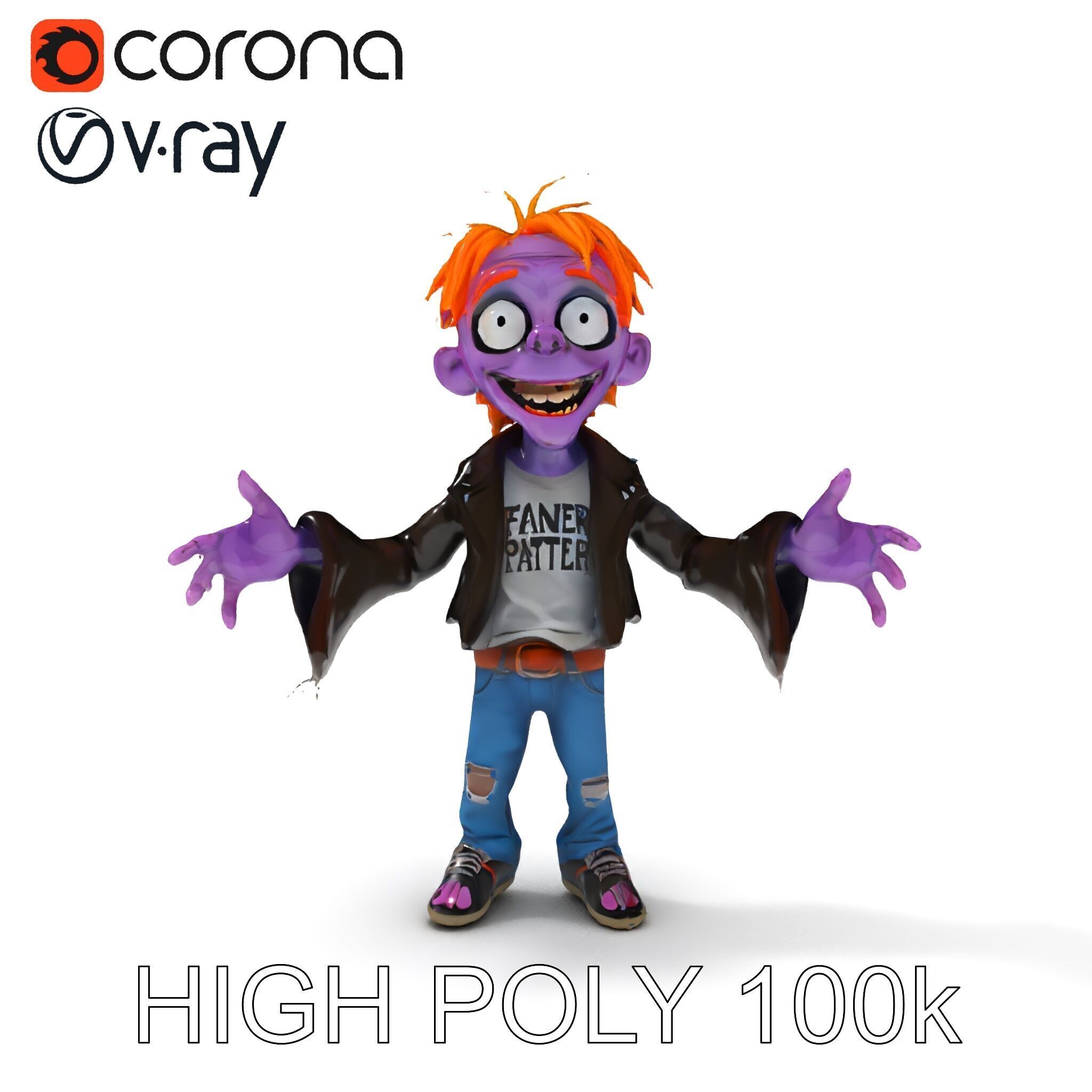 Animated Cartoon D Zombie Character with Purple Skin and Oran... Low-poly 3D model_8