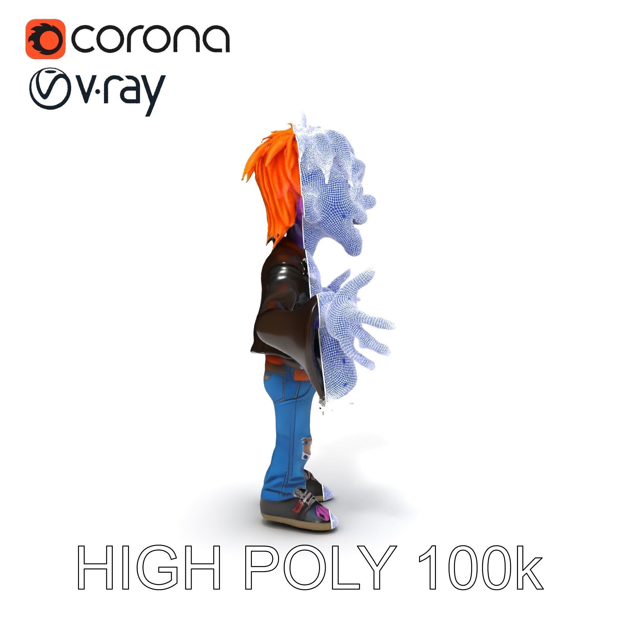 Animated Cartoon D Zombie Character with Purple Skin and Oran... Low-poly 3D model_36