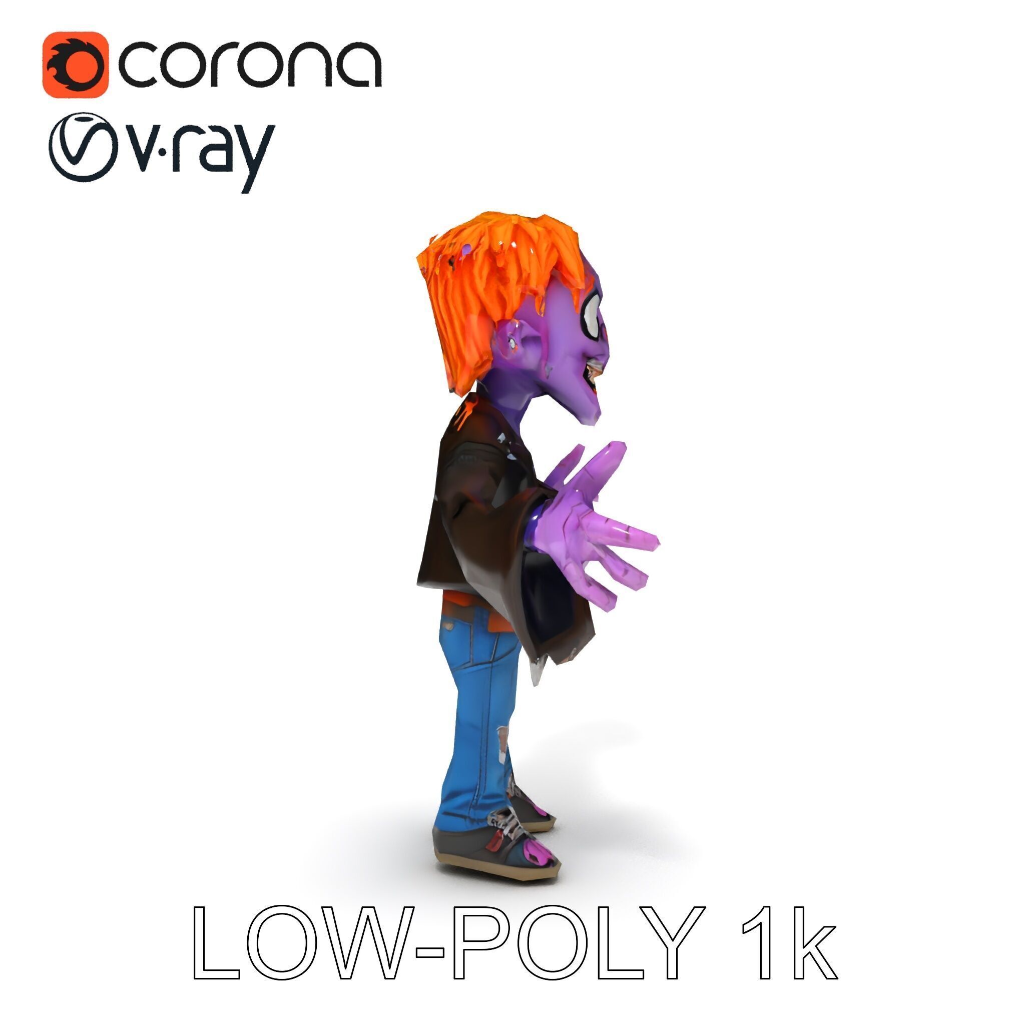 Animated Cartoon D Zombie Character with Purple Skin and Oran... Low-poly 3D model_12