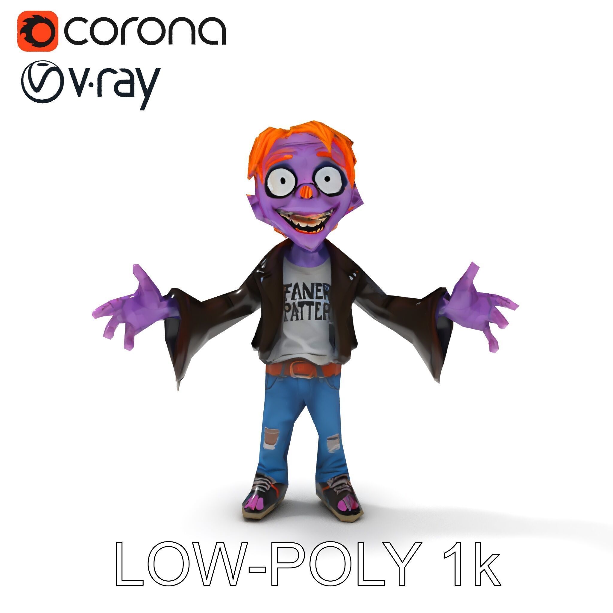 Animated Cartoon D Zombie Character with Purple Skin and Oran... Low-poly 3D model_10