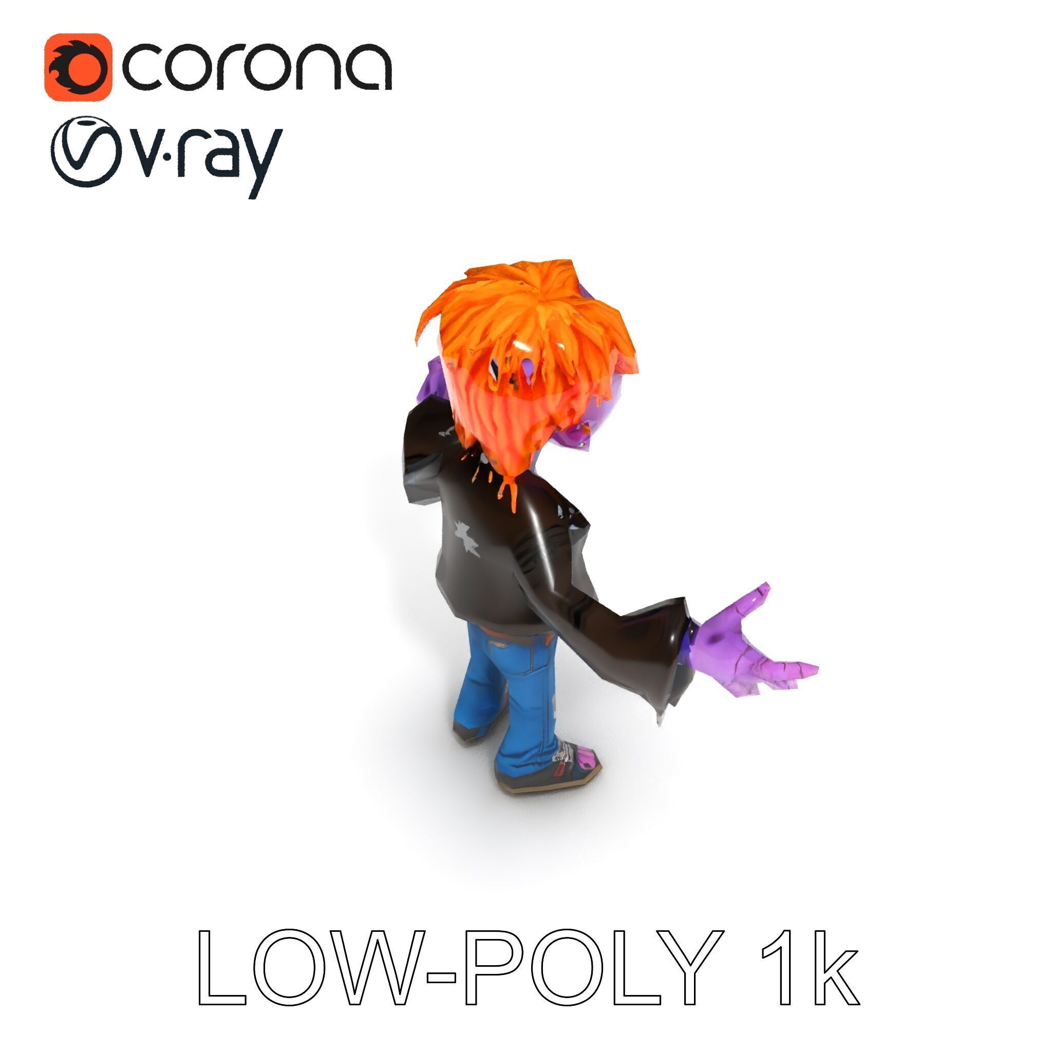 Animated Cartoon D Zombie Character with Purple Skin and Oran... Low-poly 3D model_15
