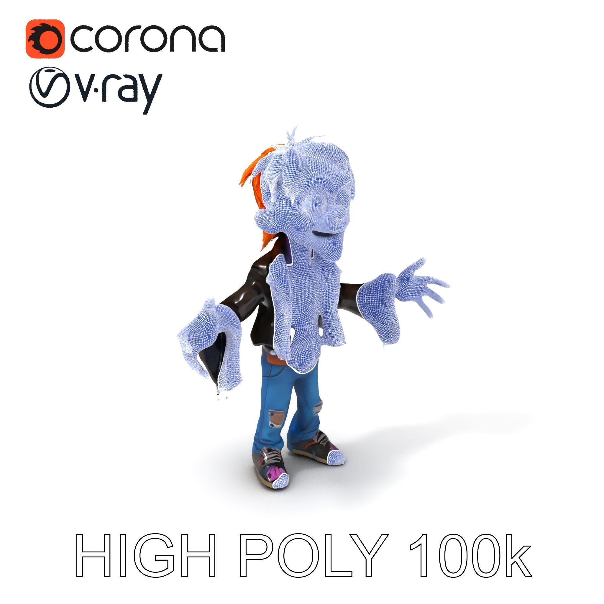 Animated Cartoon D Zombie Character with Purple Skin and Oran... Low-poly 3D model_3