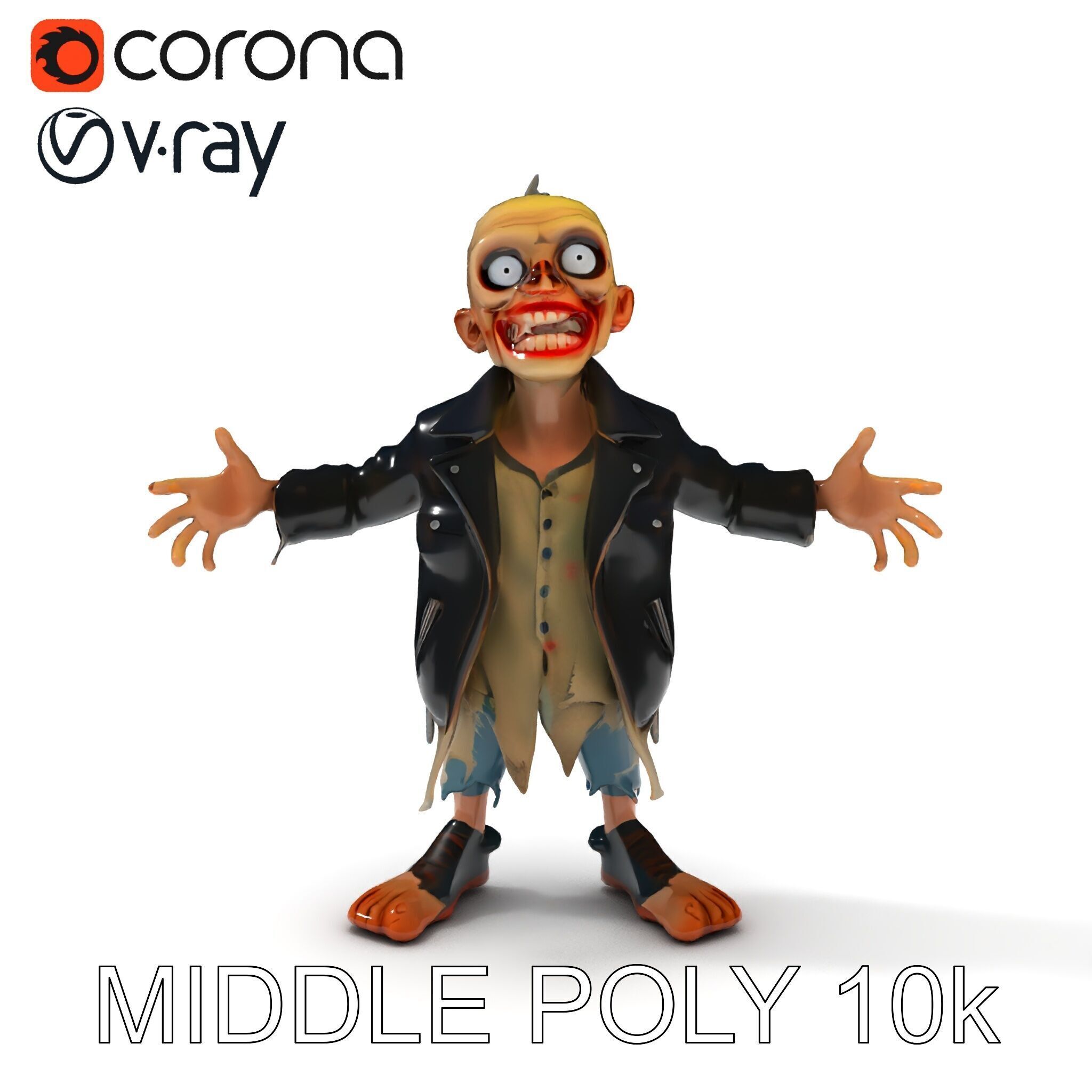 Grinning Zombie in Tattered Jacket Versatile D Character Model Low-poly 3D model_11