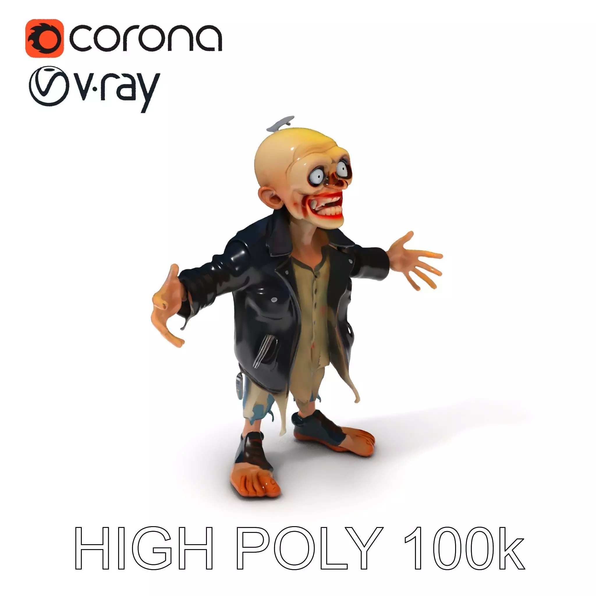 Grinning Zombie in Tattered Jacket Versatile D Character Model Low-poly 3D model_0