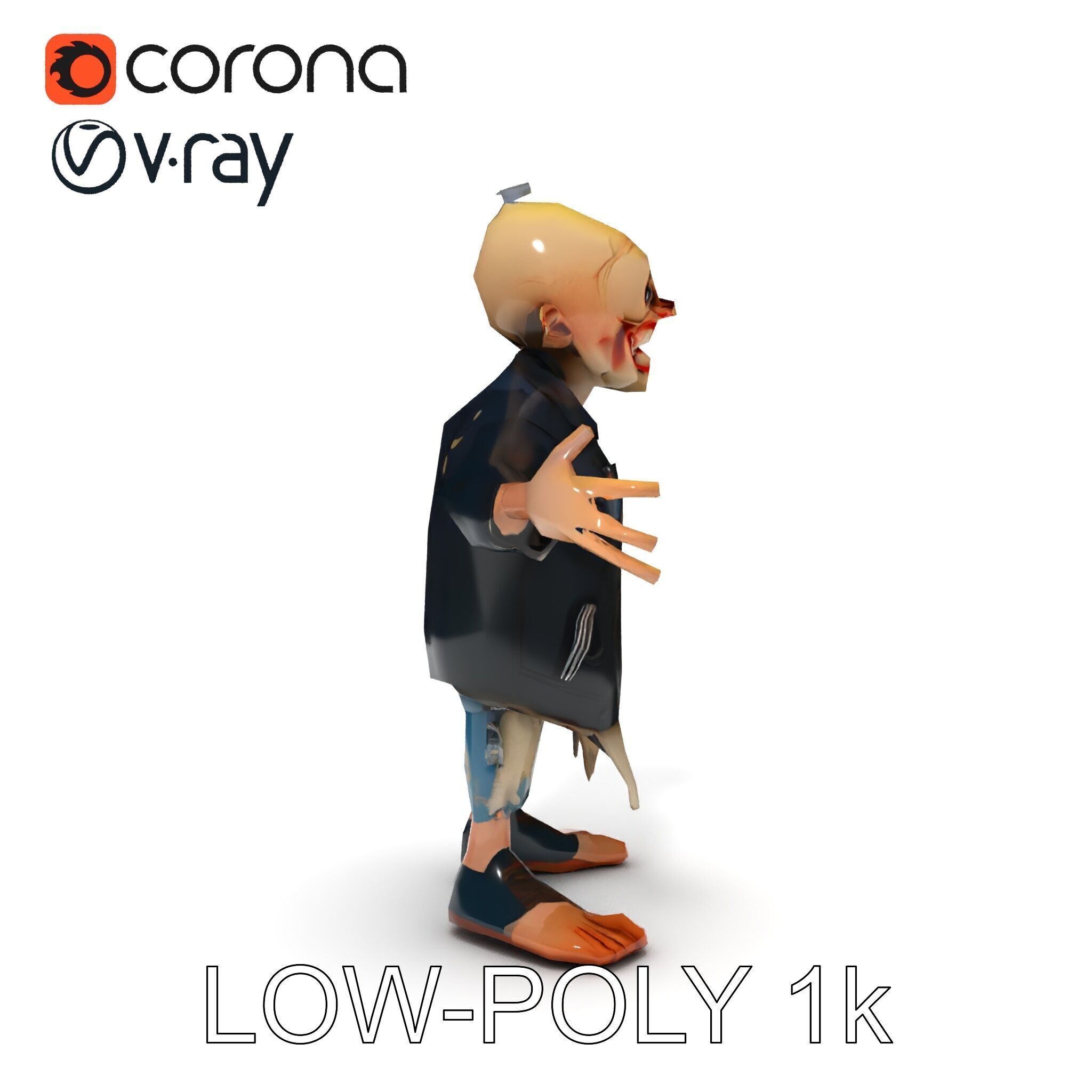 Grinning Zombie in Tattered Jacket Versatile D Character Model Low-poly 3D model_12