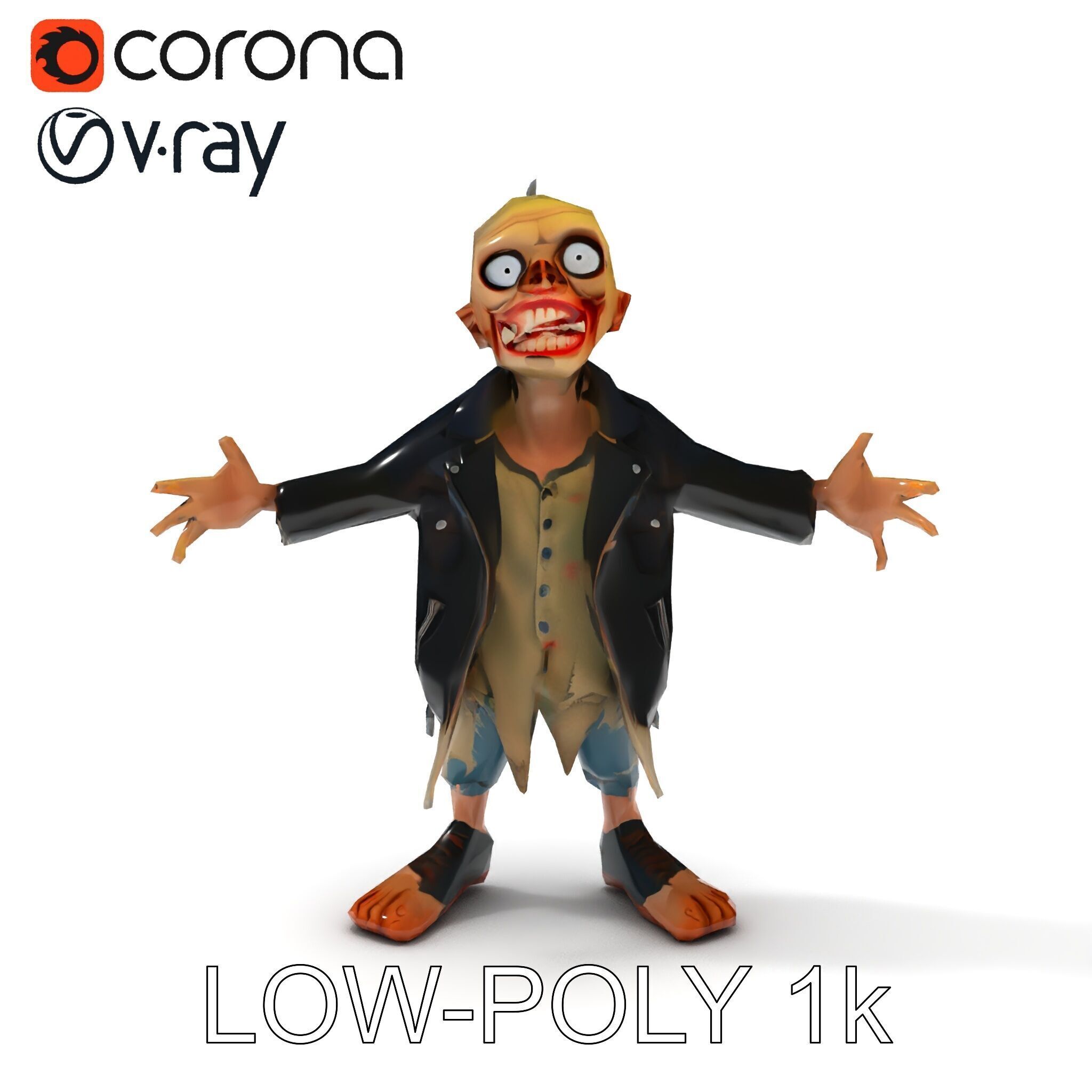 Grinning Zombie in Tattered Jacket Versatile D Character Model Low-poly 3D model_26