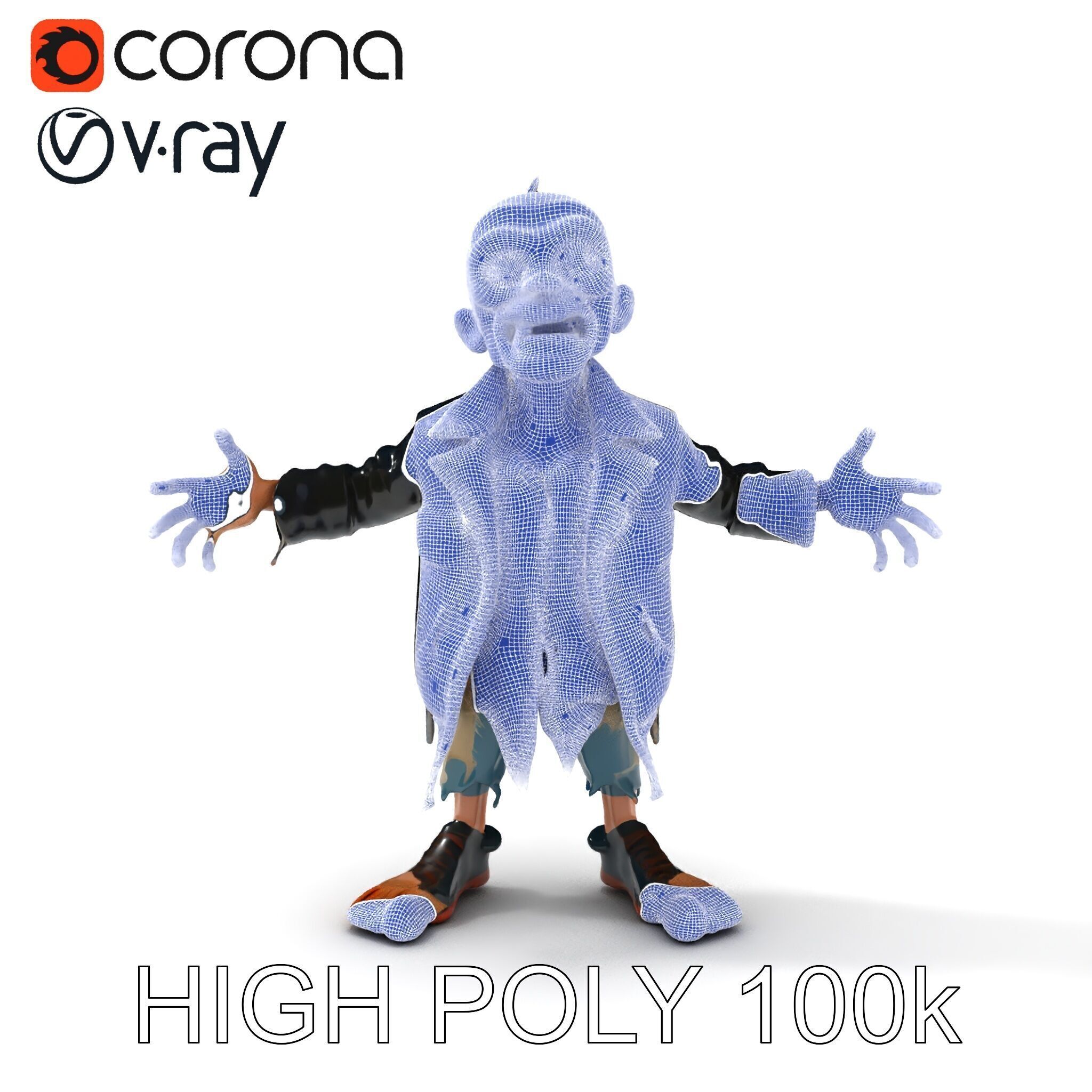 Grinning Zombie in Tattered Jacket Versatile D Character Model Low-poly 3D model_8