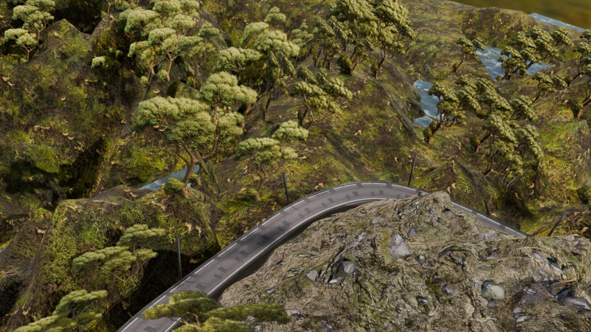 Realistic Stylized Mountain Terrain with Curved Road Low-poly 3D model_5