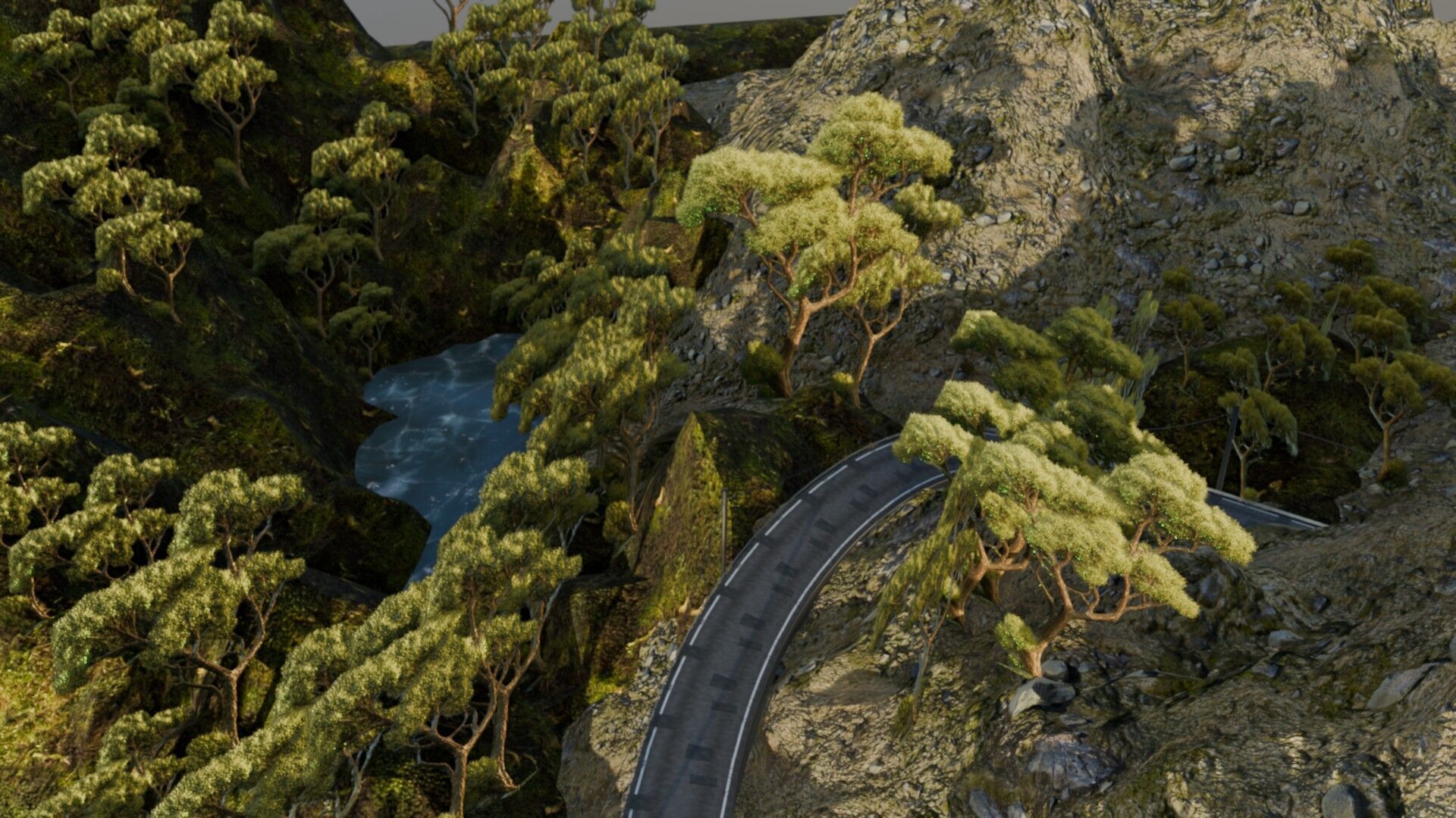 Realistic Stylized Mountain Terrain with Curved Road Low-poly 3D model_11
