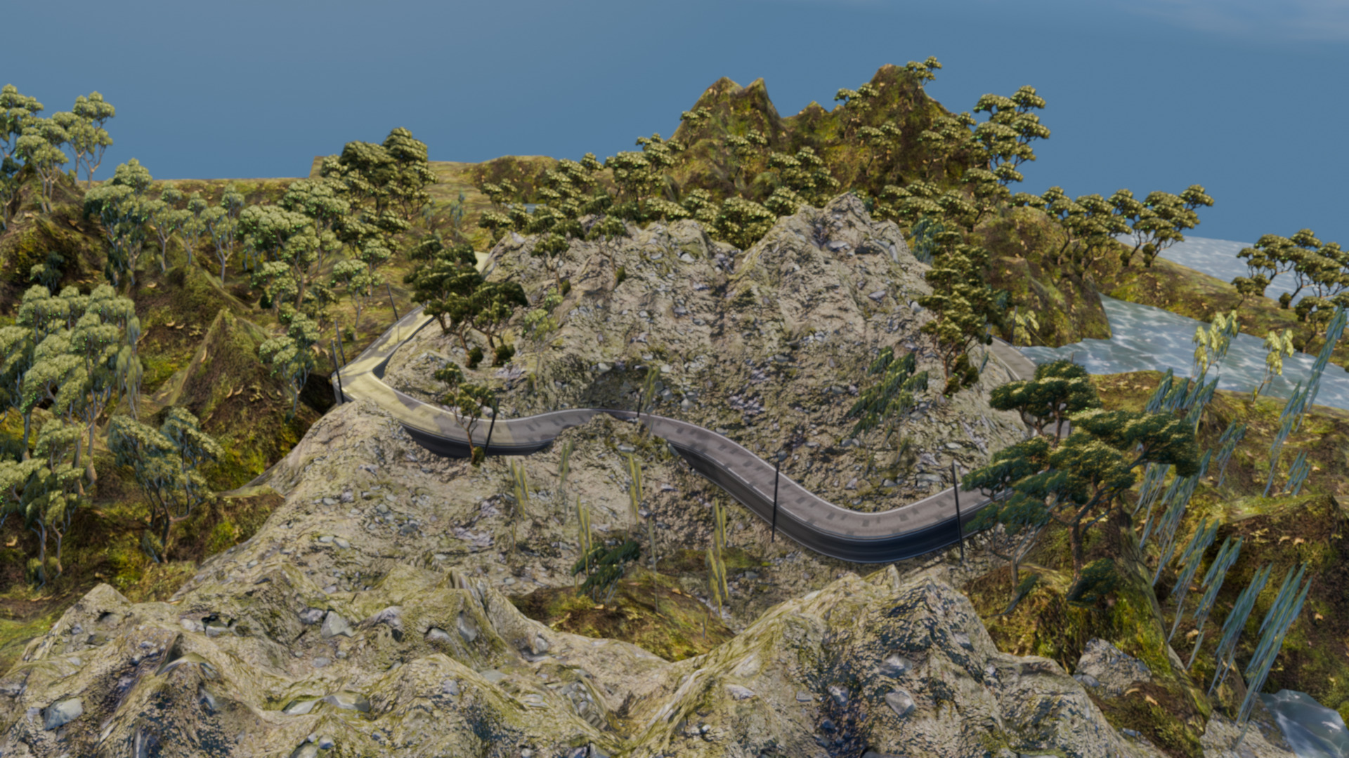 Realistic Stylized Mountain Terrain with Curved Road Low-poly 3D model_7