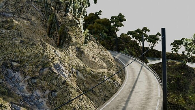 Realistic Stylized Mountain Terrain with Curved Road Low-poly 3D model