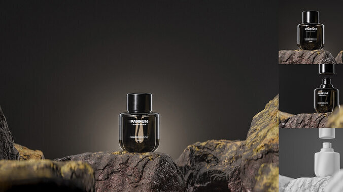 Bottle perfume on rocky surface Low-poly 3D model