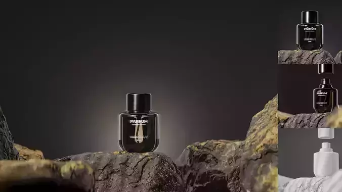 Bottle perfume on rocky surface