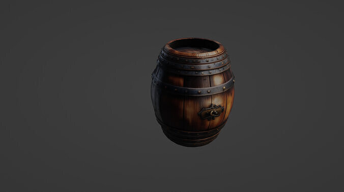 Medieval Wooden Market Barrel with Iron Bands 3D model 2