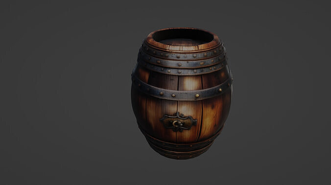 Medieval Wooden Market Barrel with Iron Bands 3D model 6