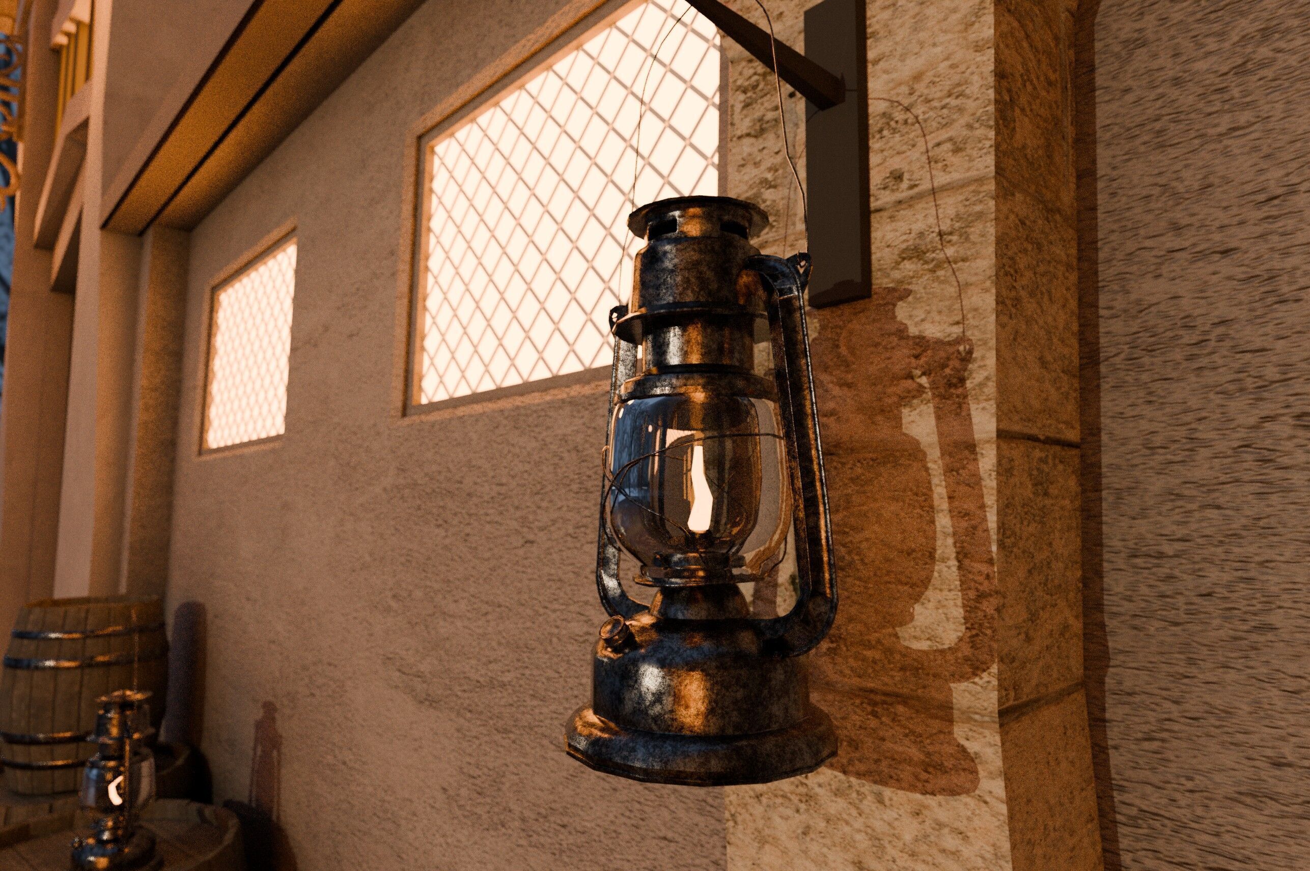 Lantern with A Barrel and Crate Low-poly 3D model_1