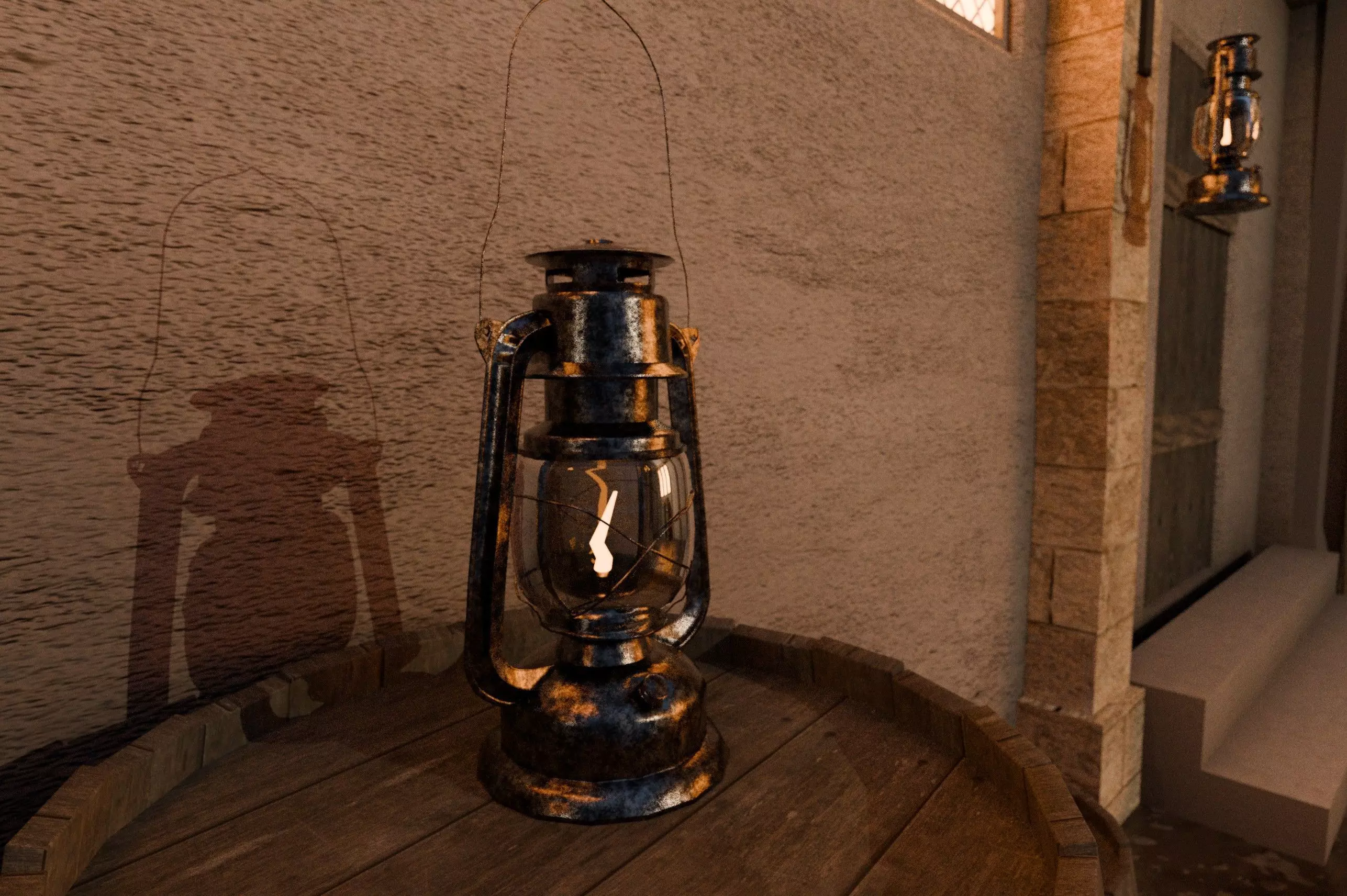 Lantern with A Barrel and Crate Low-poly 3D model_0